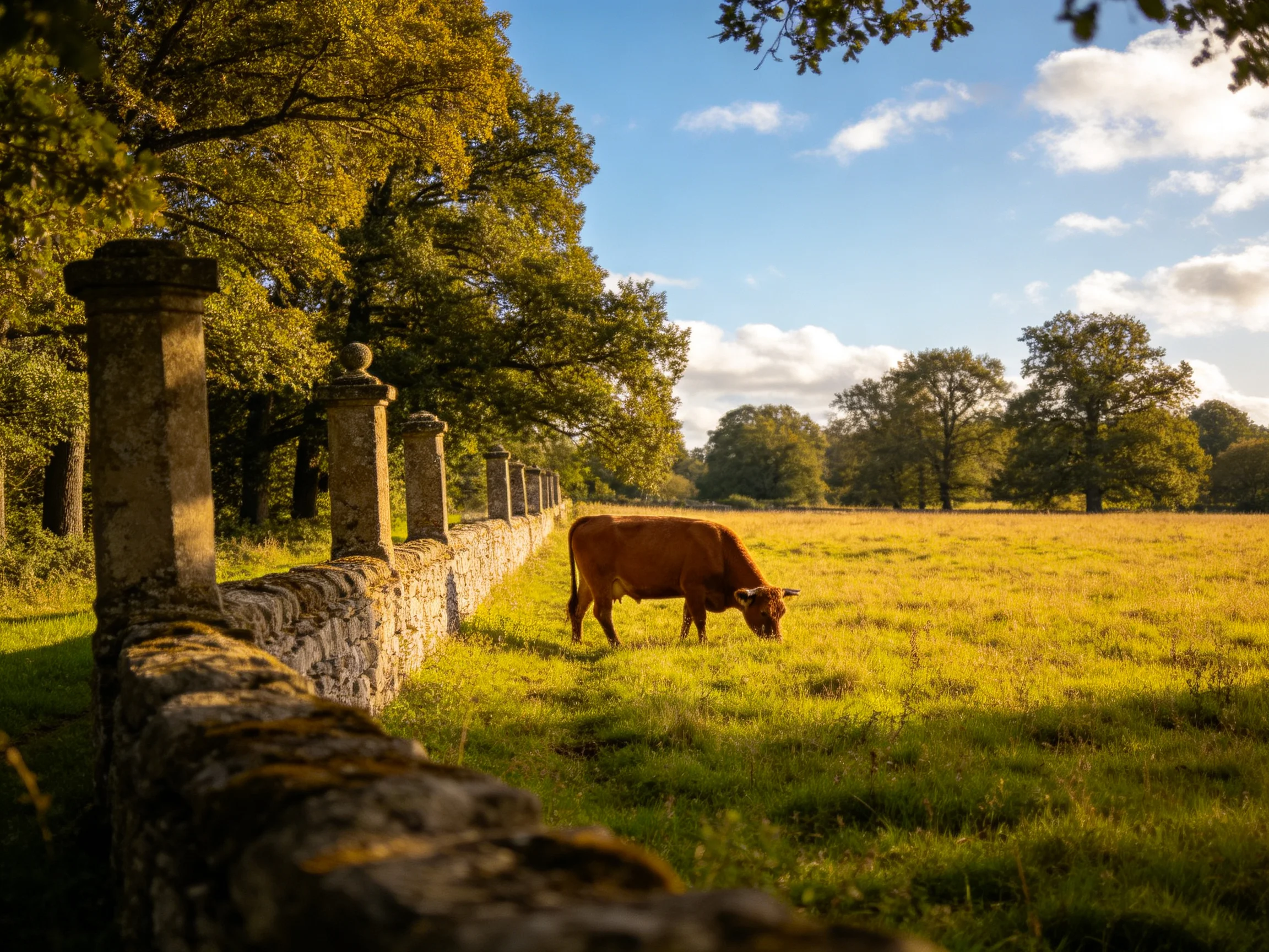 A brown cow grazes by a stone fence in a sunlit meadow
