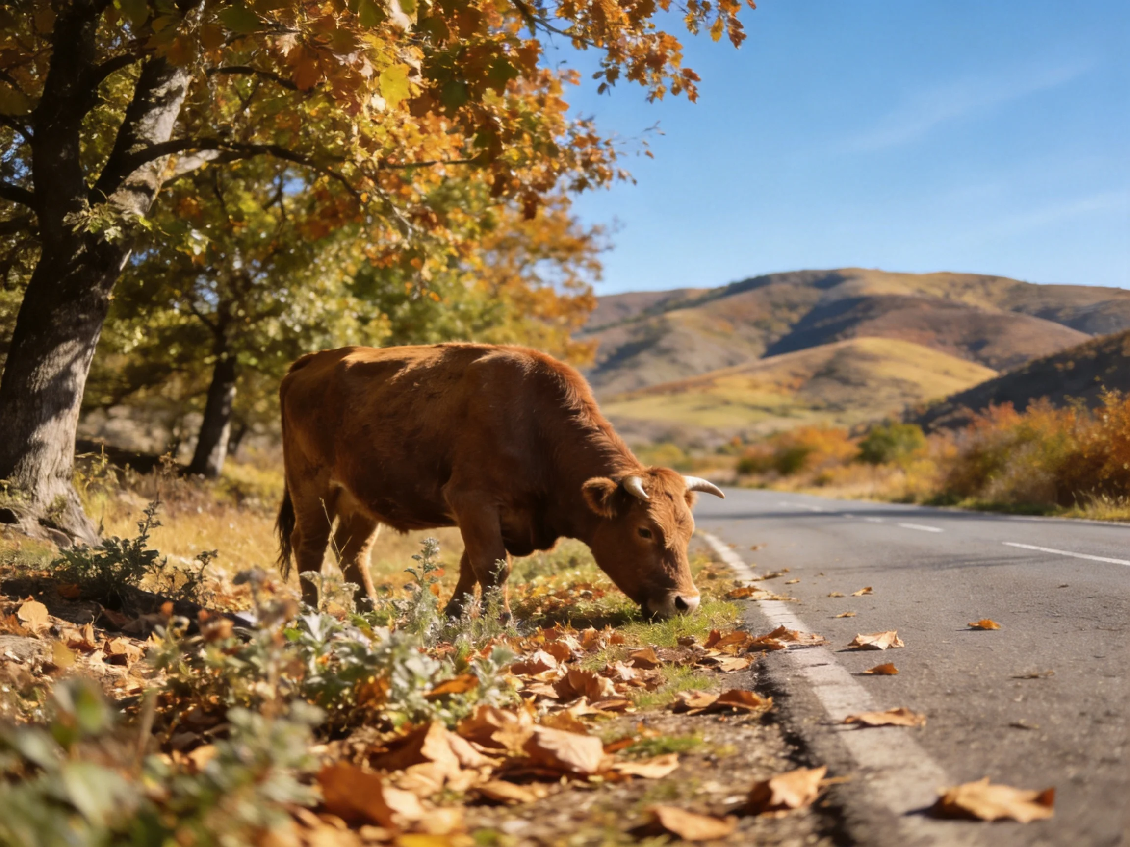 A brown cow grazes by an autumn roadside near rolling hills