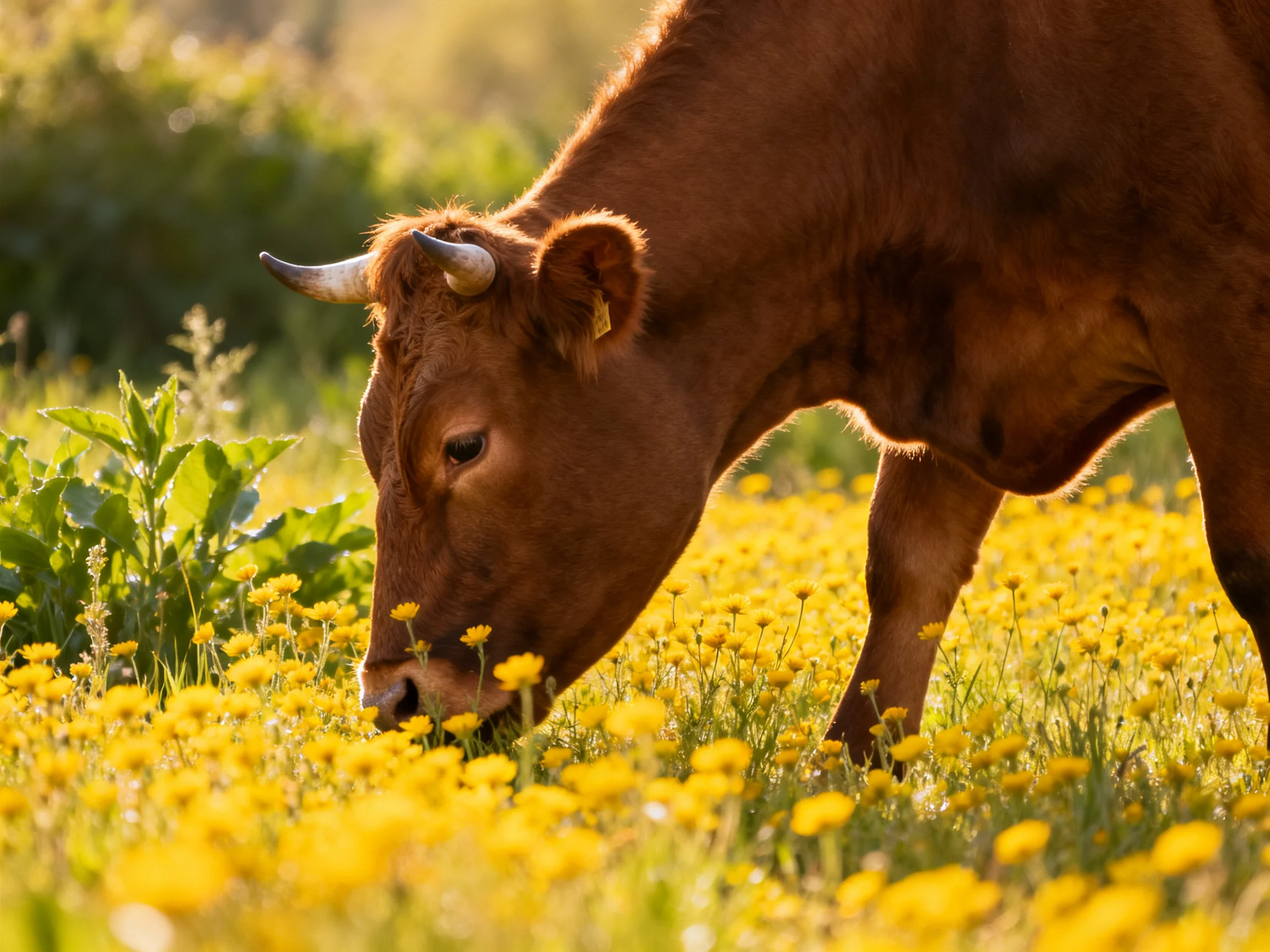 A brown cow grazes in a field of vibrant yellow wildflowers
