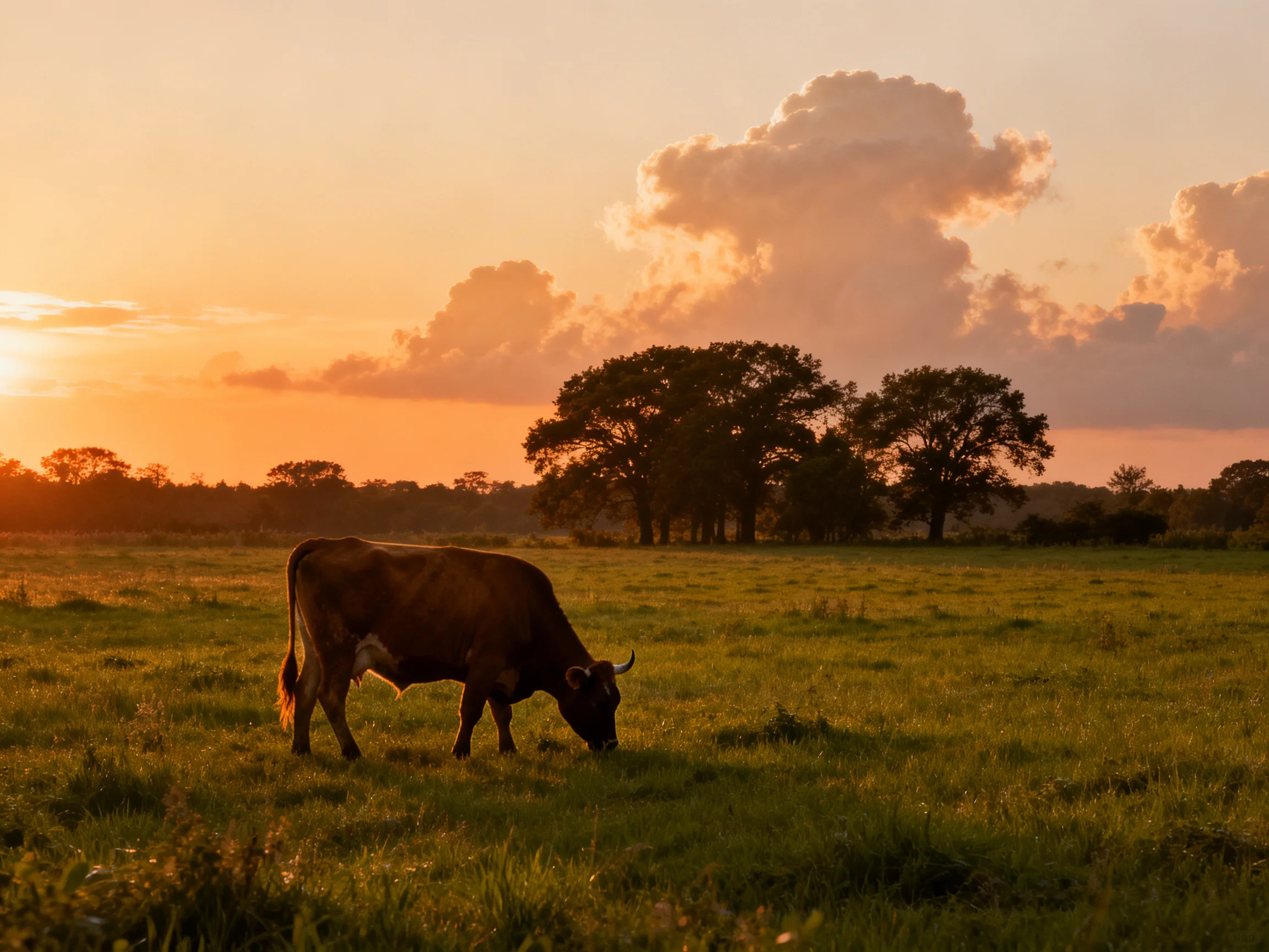 A cow grazes in a sunlit field with trees in the distance.