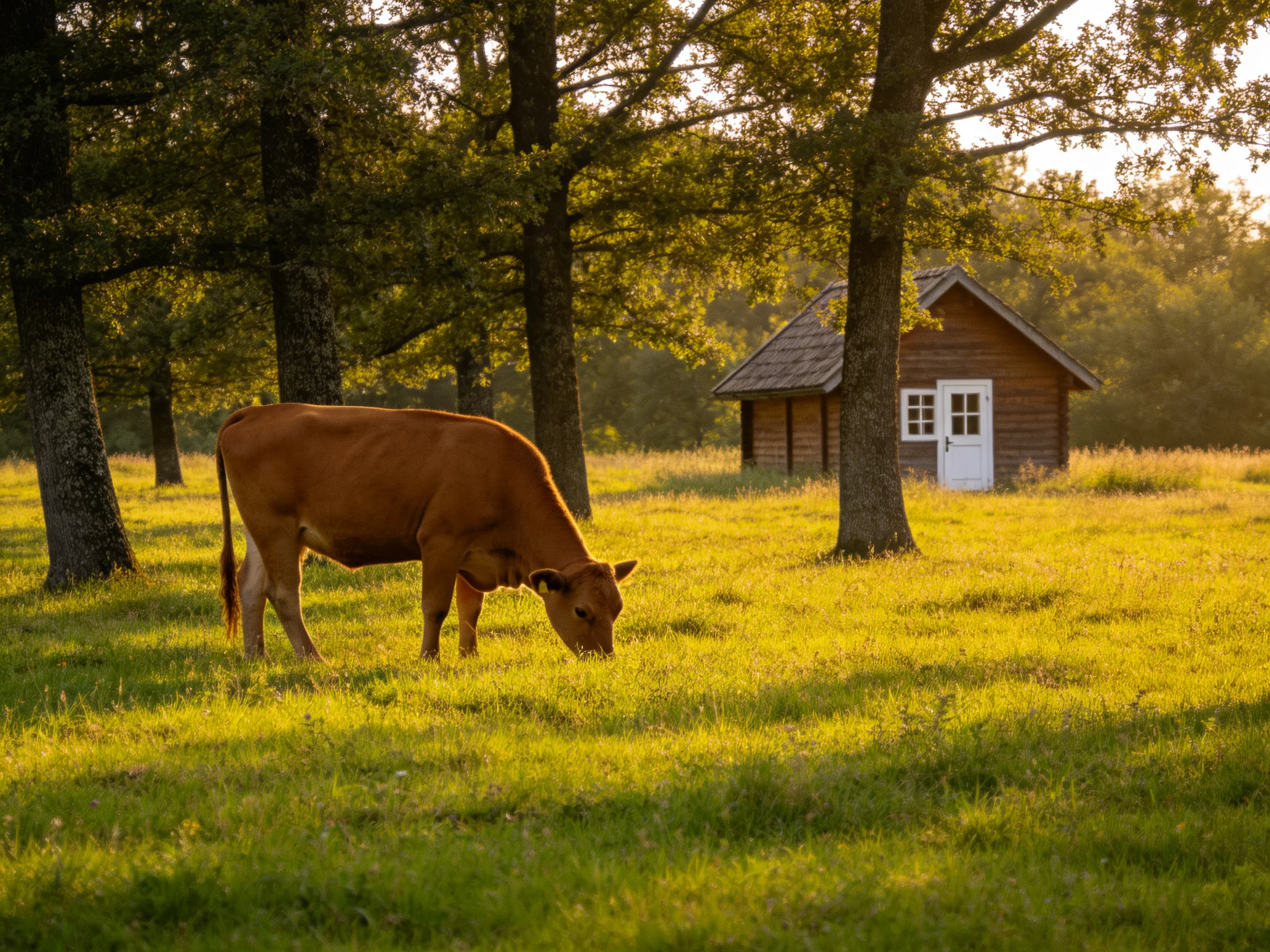 A brown cow grazes in a golden meadow near a wooden cabin