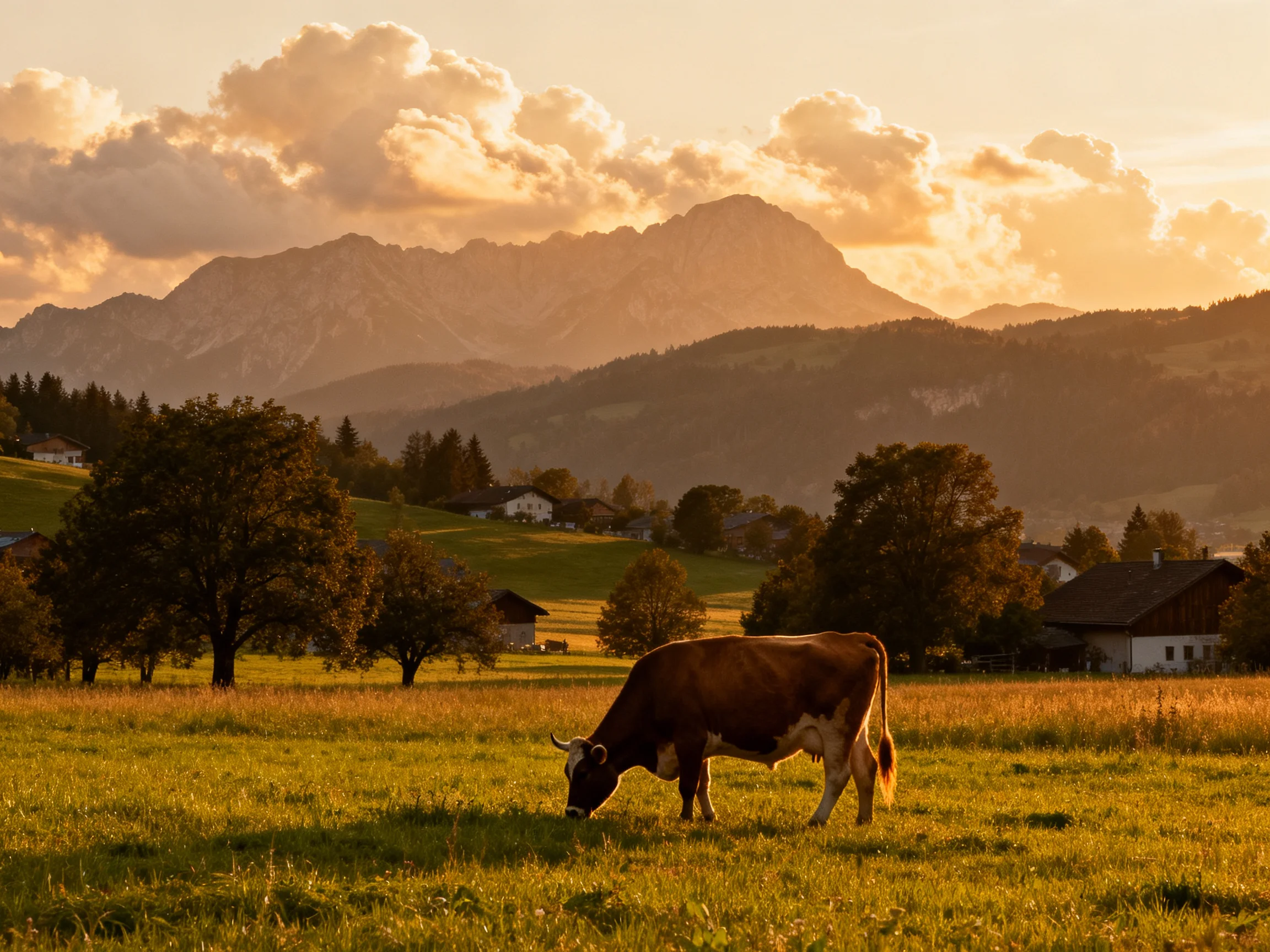 A brown cow grazes in a golden meadow near rustic houses and mountain peaks