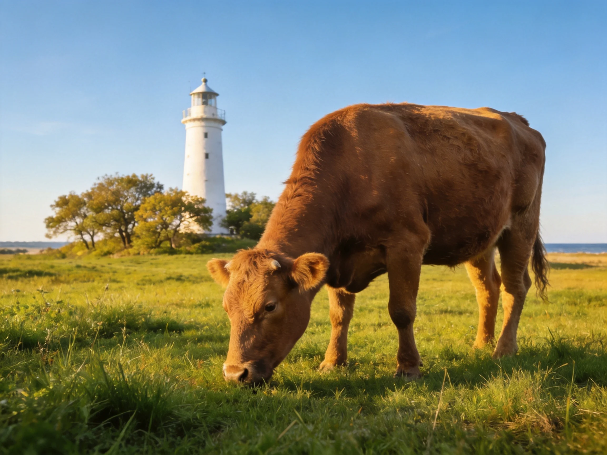 A brown cow grazes in a green meadow near a white lighthouse.