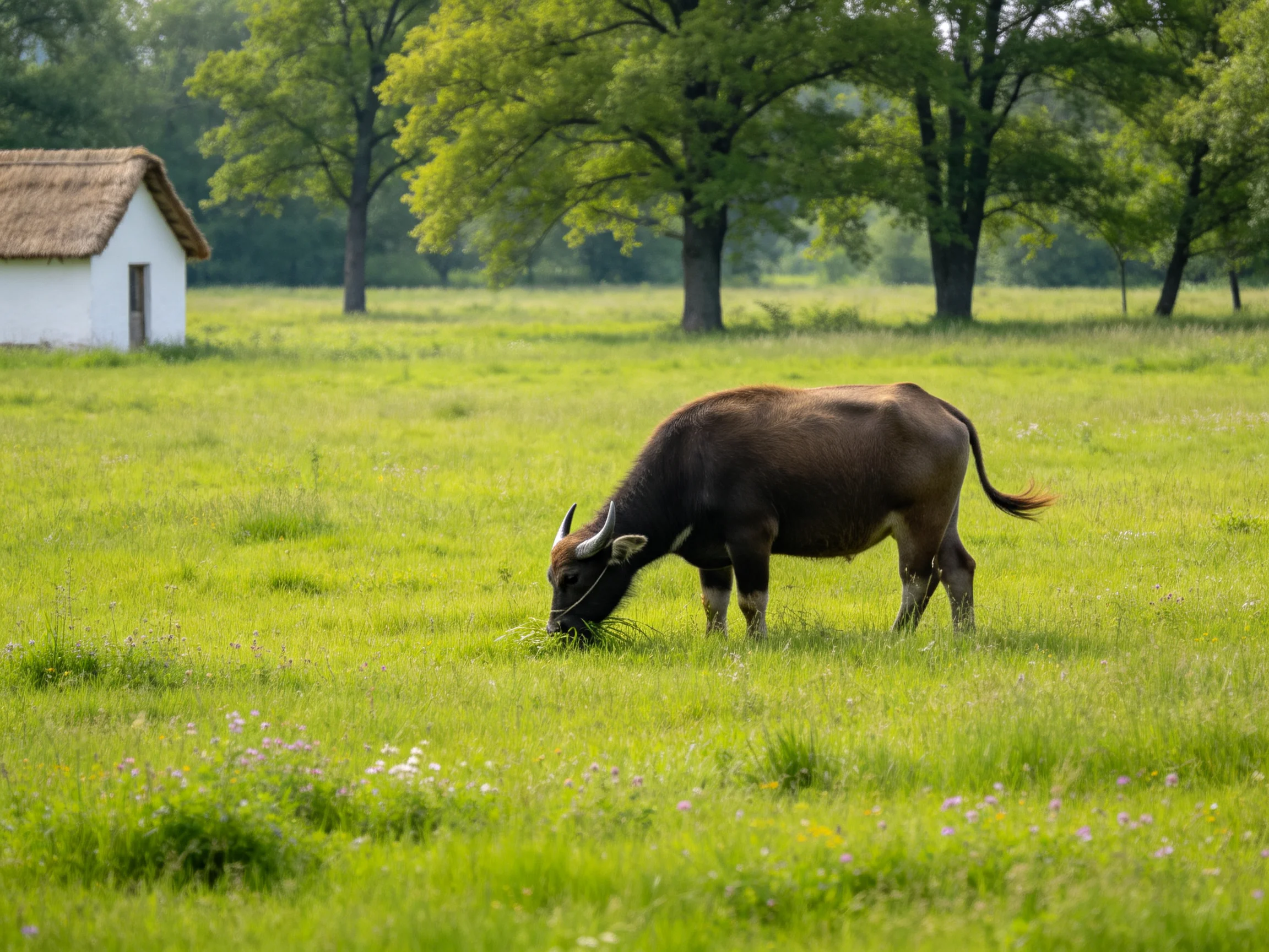 A brown cow grazes in a lush green meadow near a white cottage