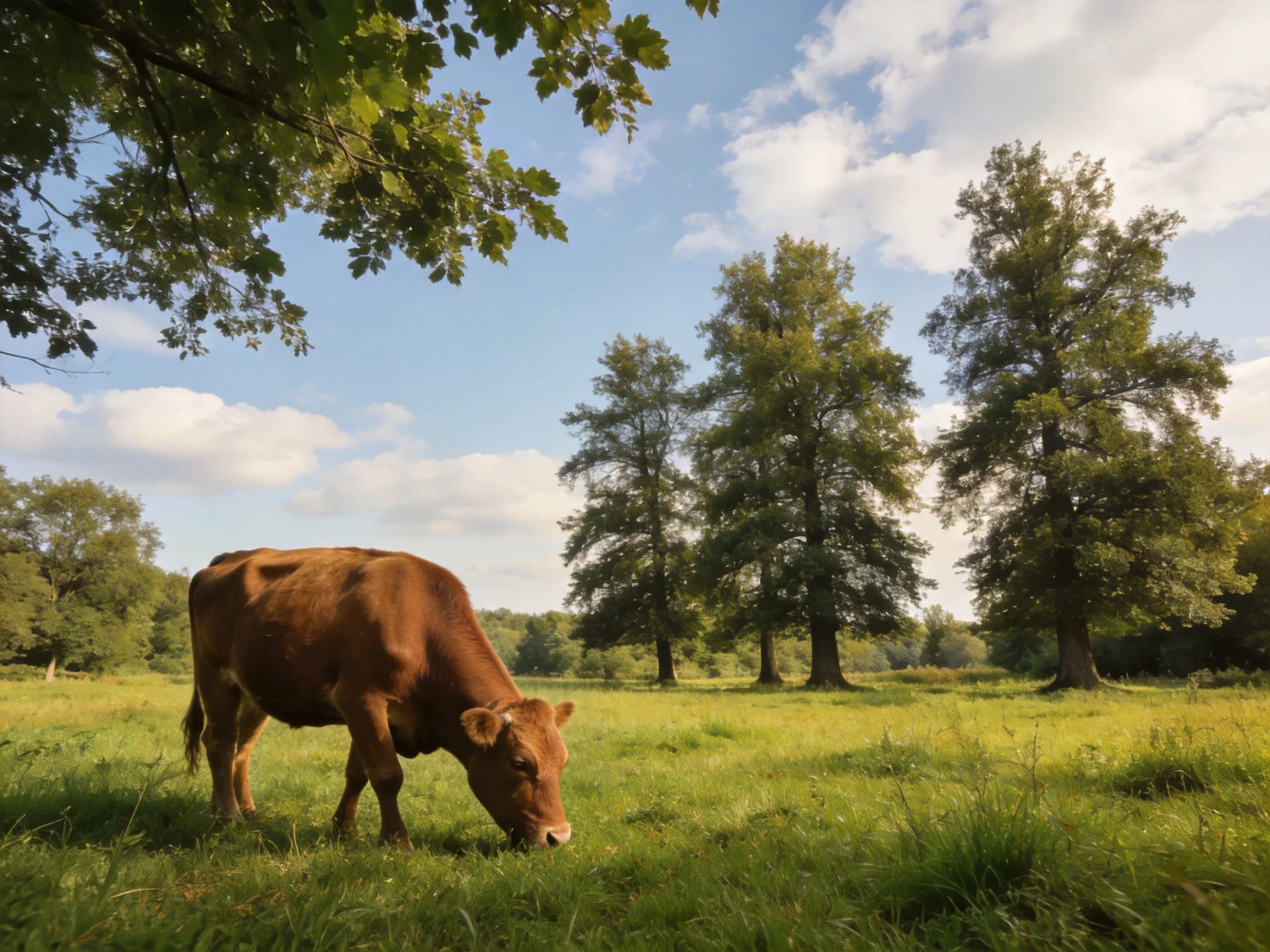 A brown cow grazes in a lush green meadow near tall trees under bright sky