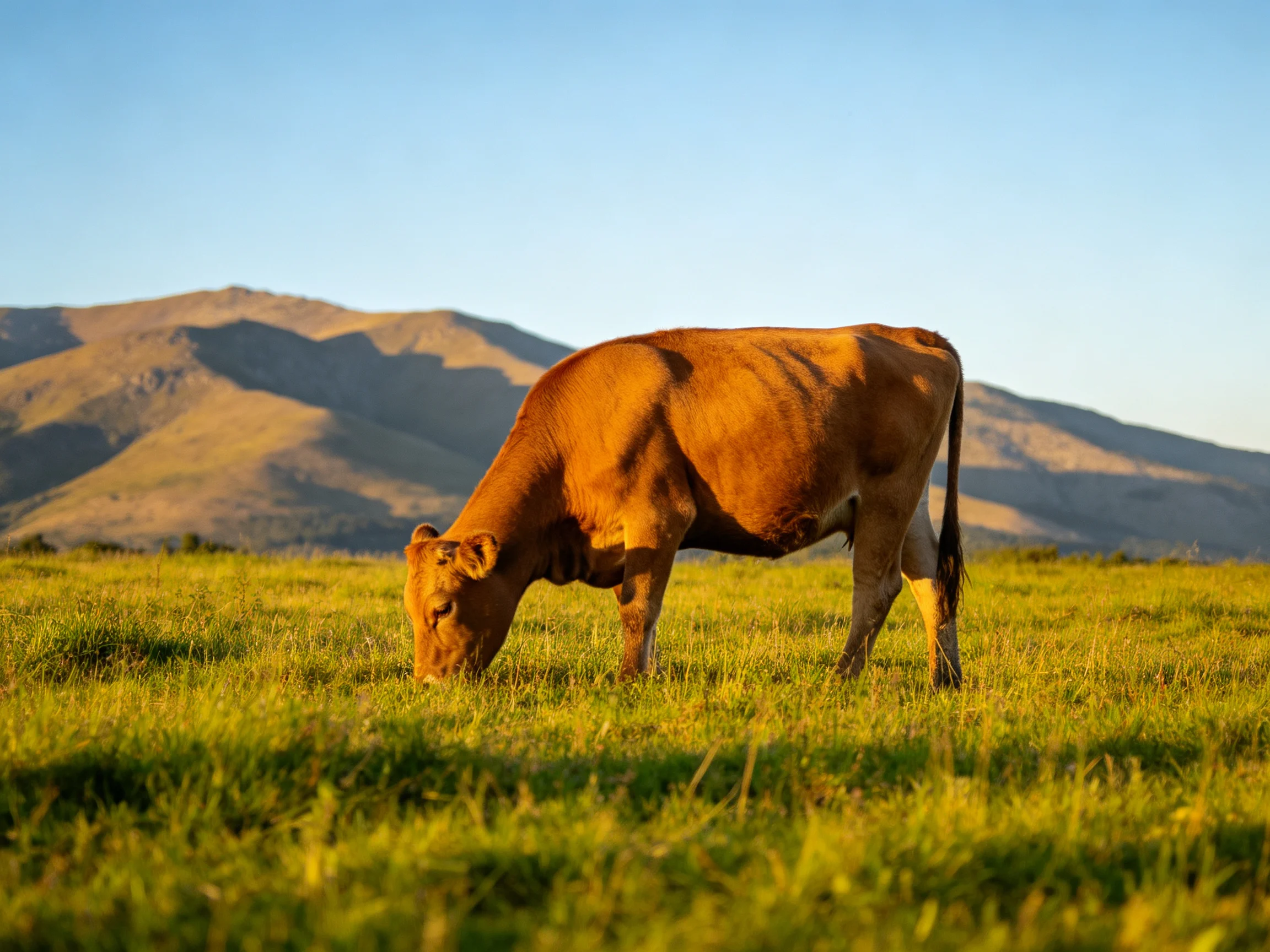 A brown cow grazes in a lush green meadow with distant mountains