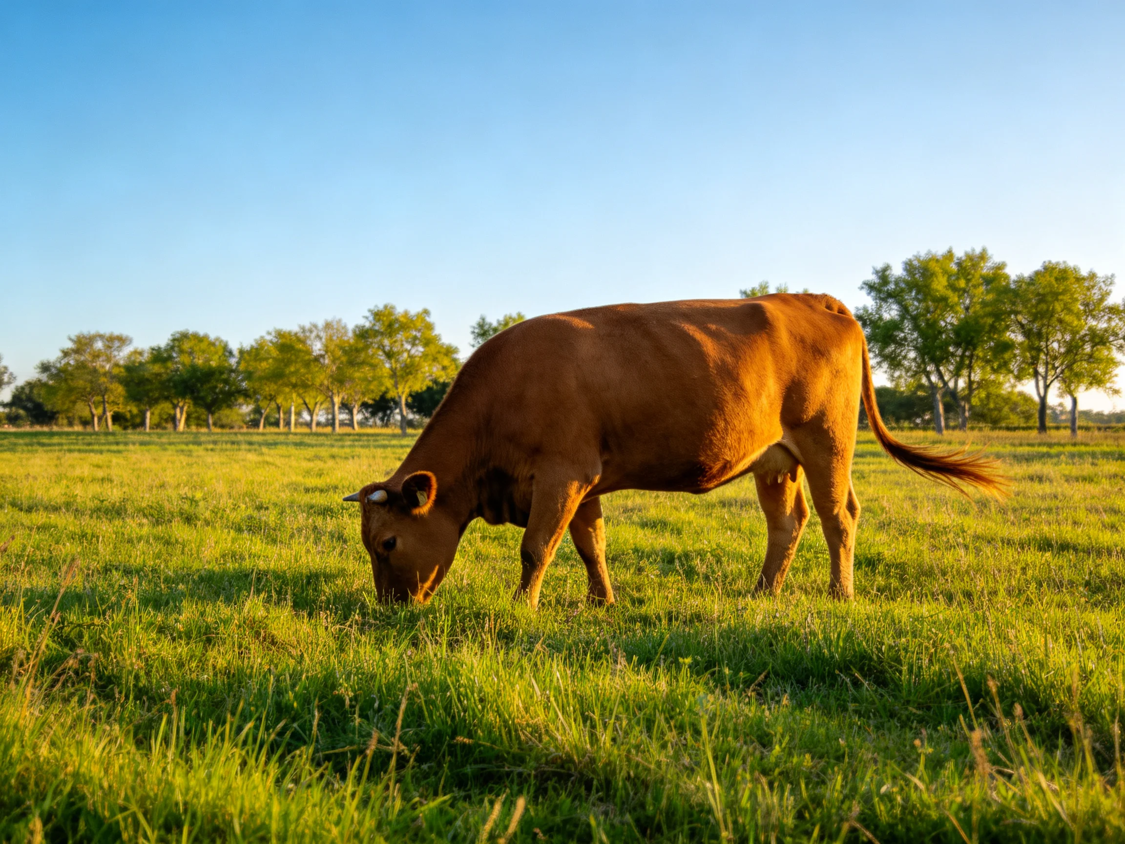 A brown cow grazes in a lush green pasture near tall trees