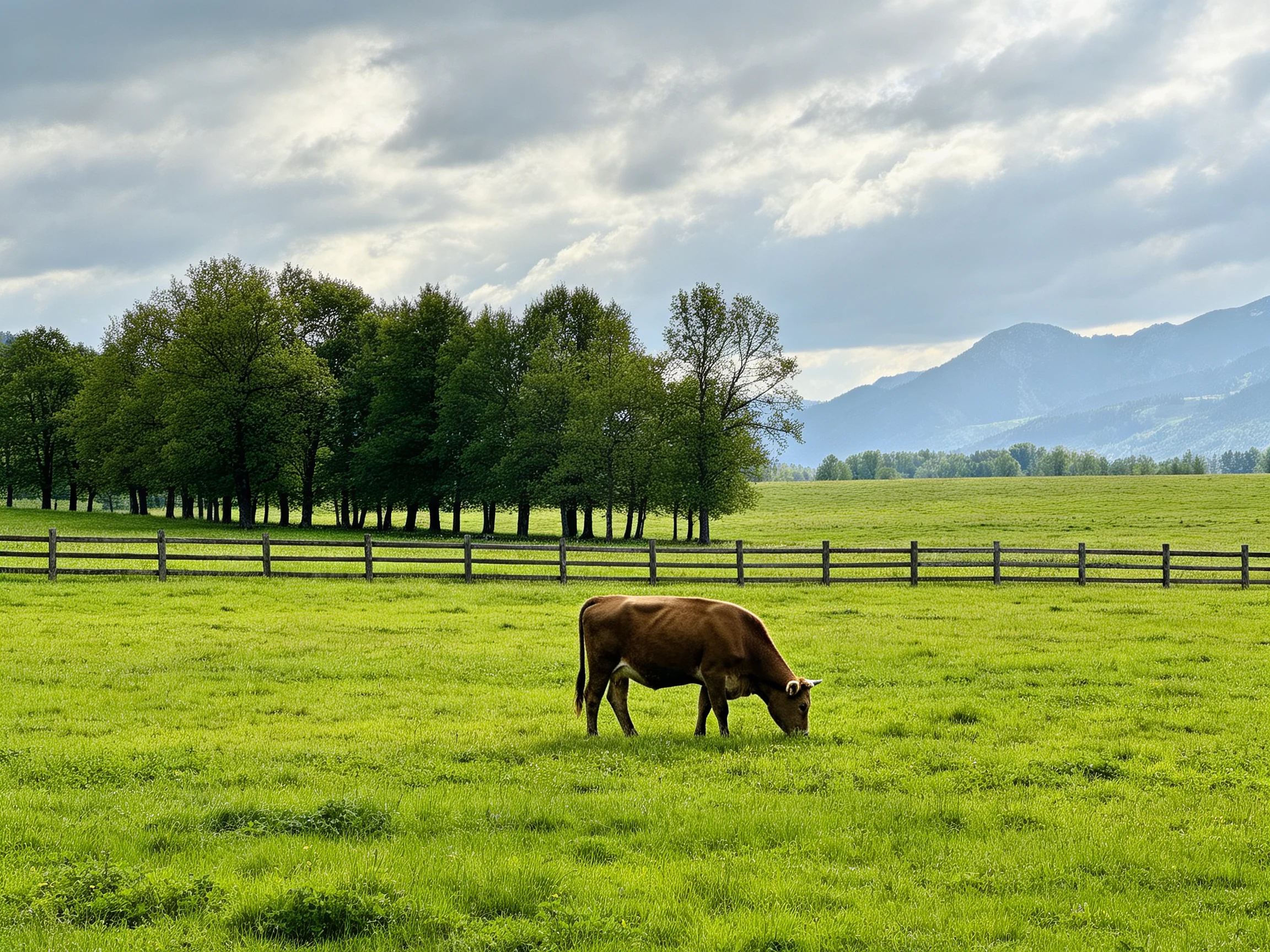 A brown cow grazes in a green pasture with natural surroundings.