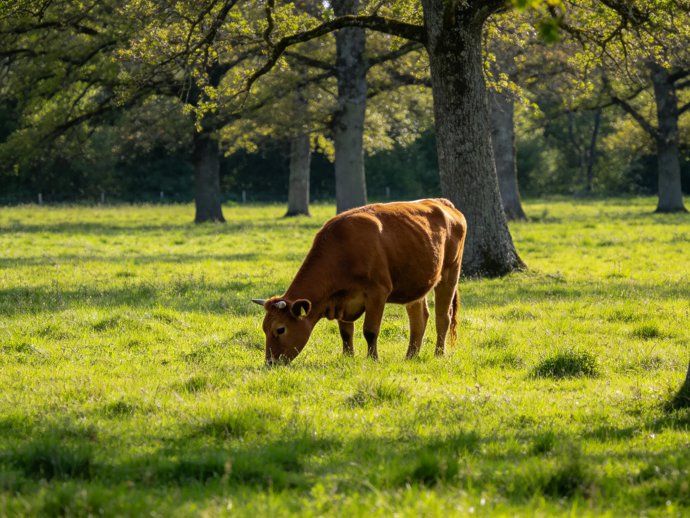 A brown cow grazes in a sun-dappled green meadow near tall trees