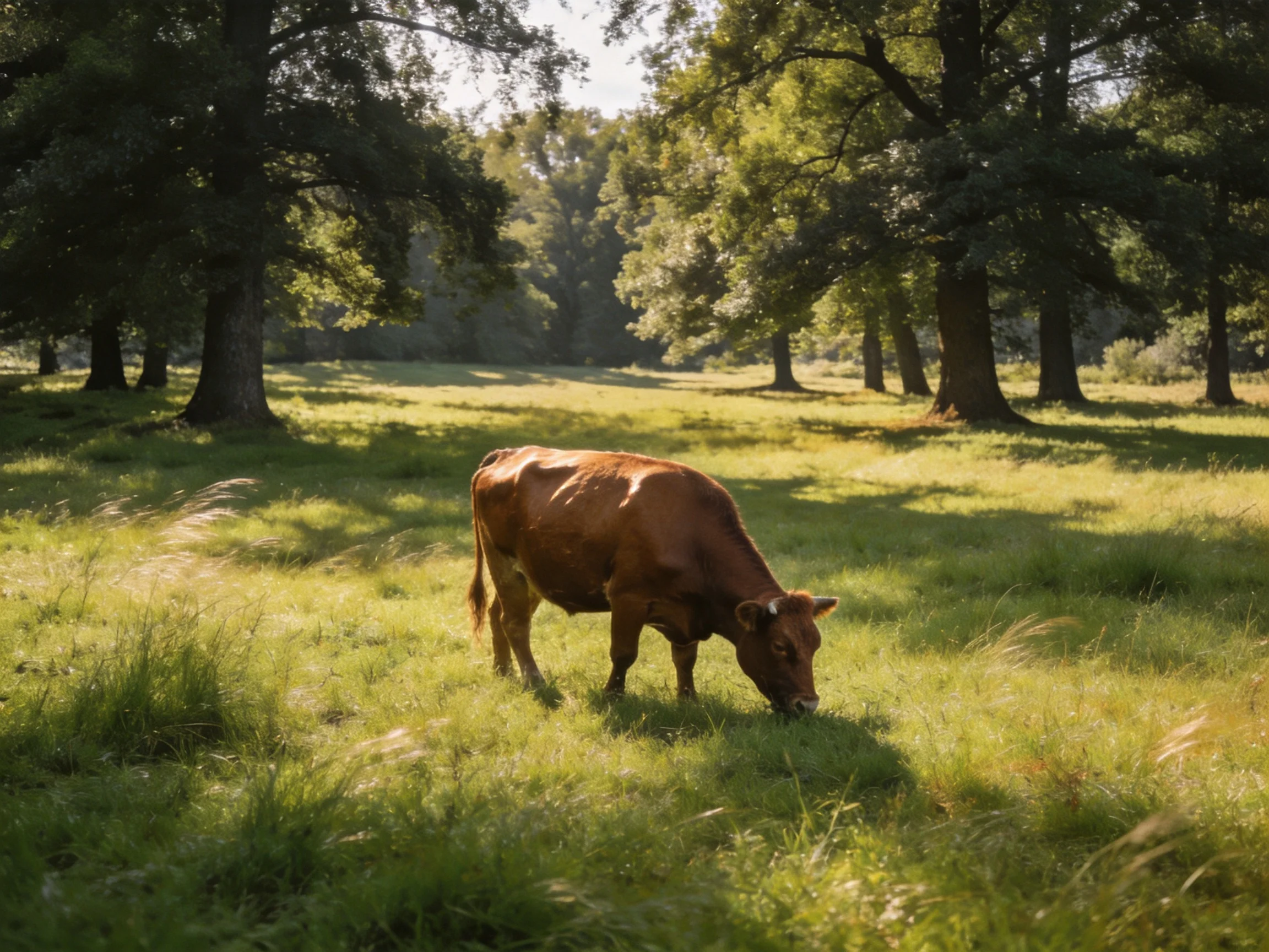 A brown cow grazes in a sun-dappled green meadow with tall trees