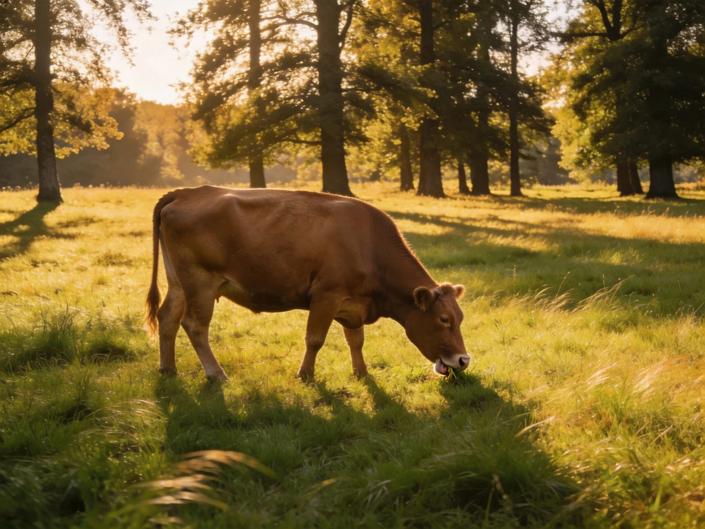 A brown cow grazes in a sun-drenched meadow surrounded by tall trees