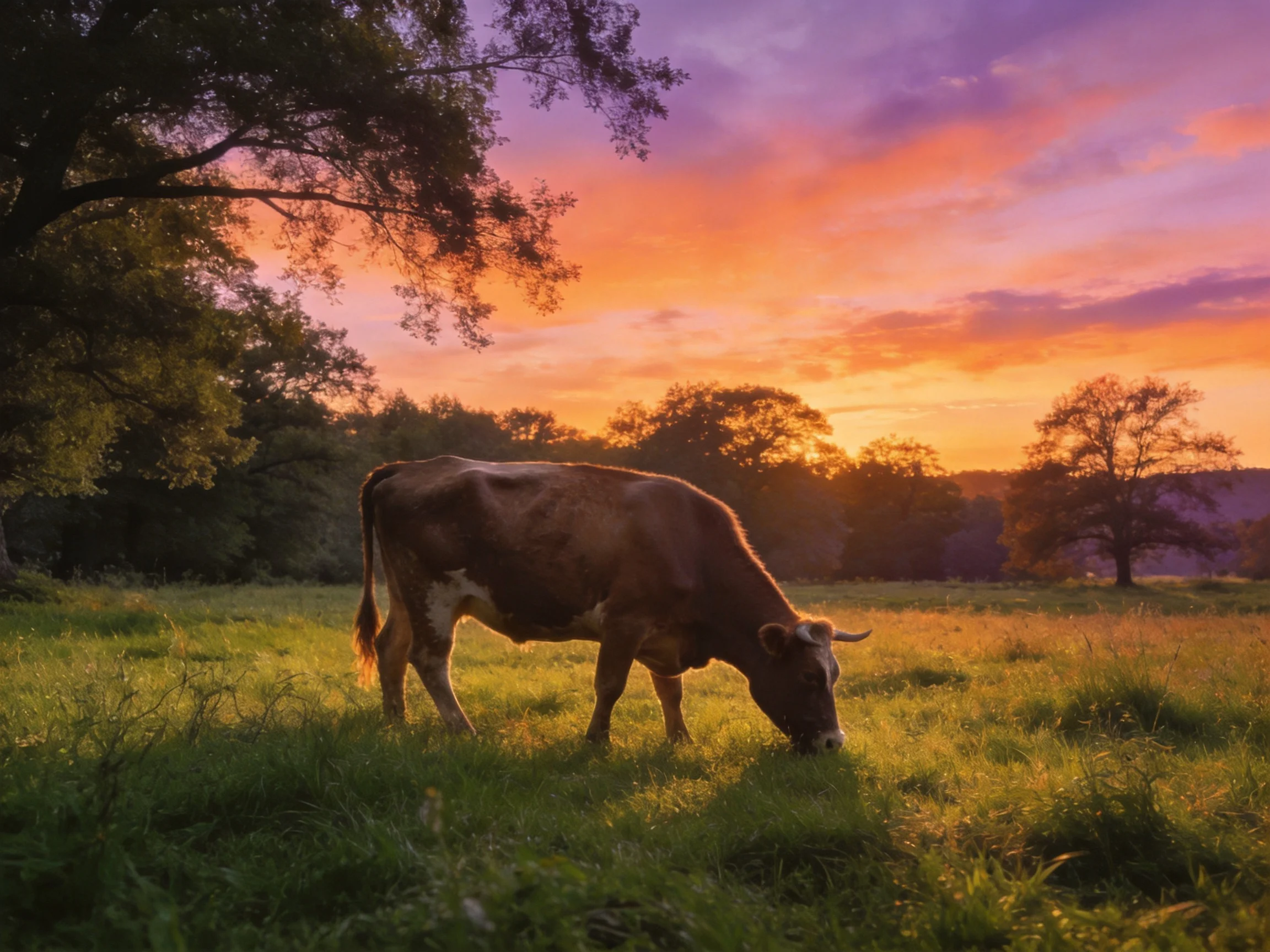 A brown cow grazes in a sun-drenched meadow under vibrant sunset skies