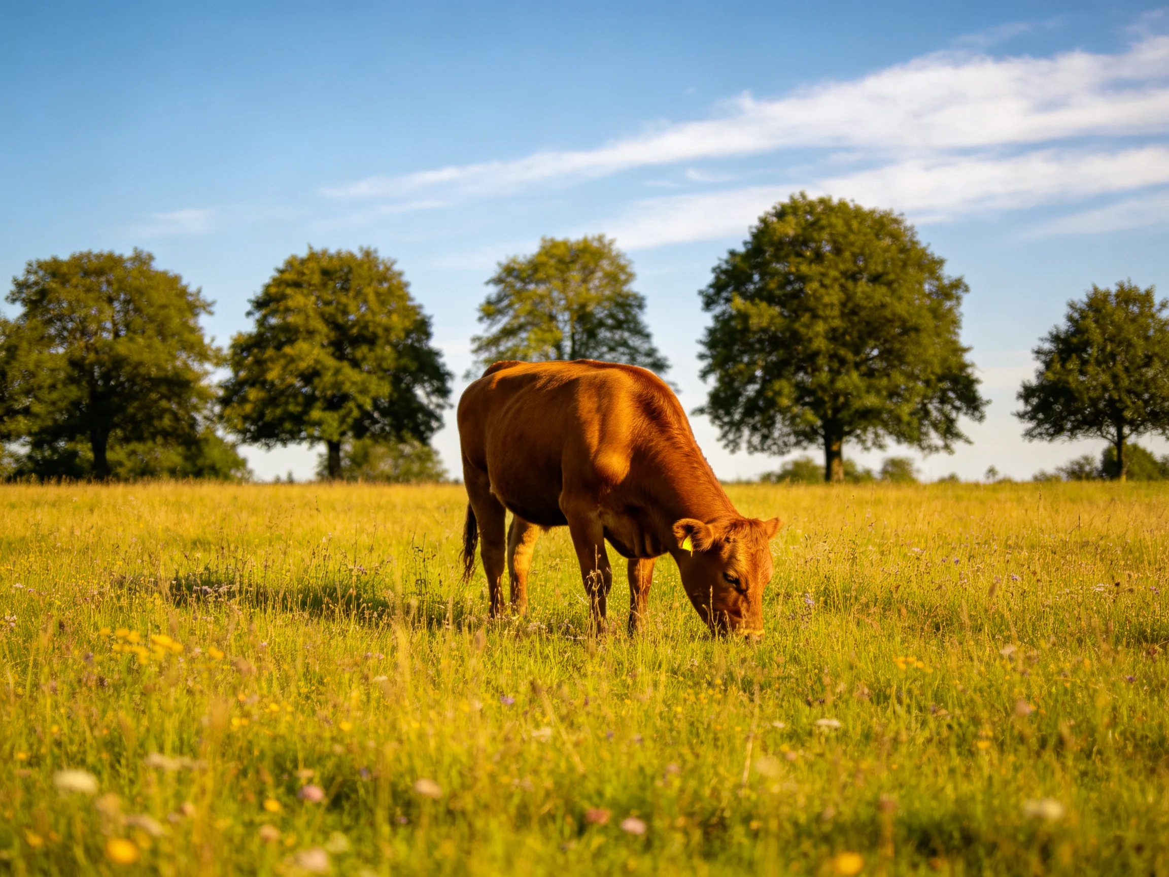 A brown cow grazes in a sun-drenched meadow with tall green trees
