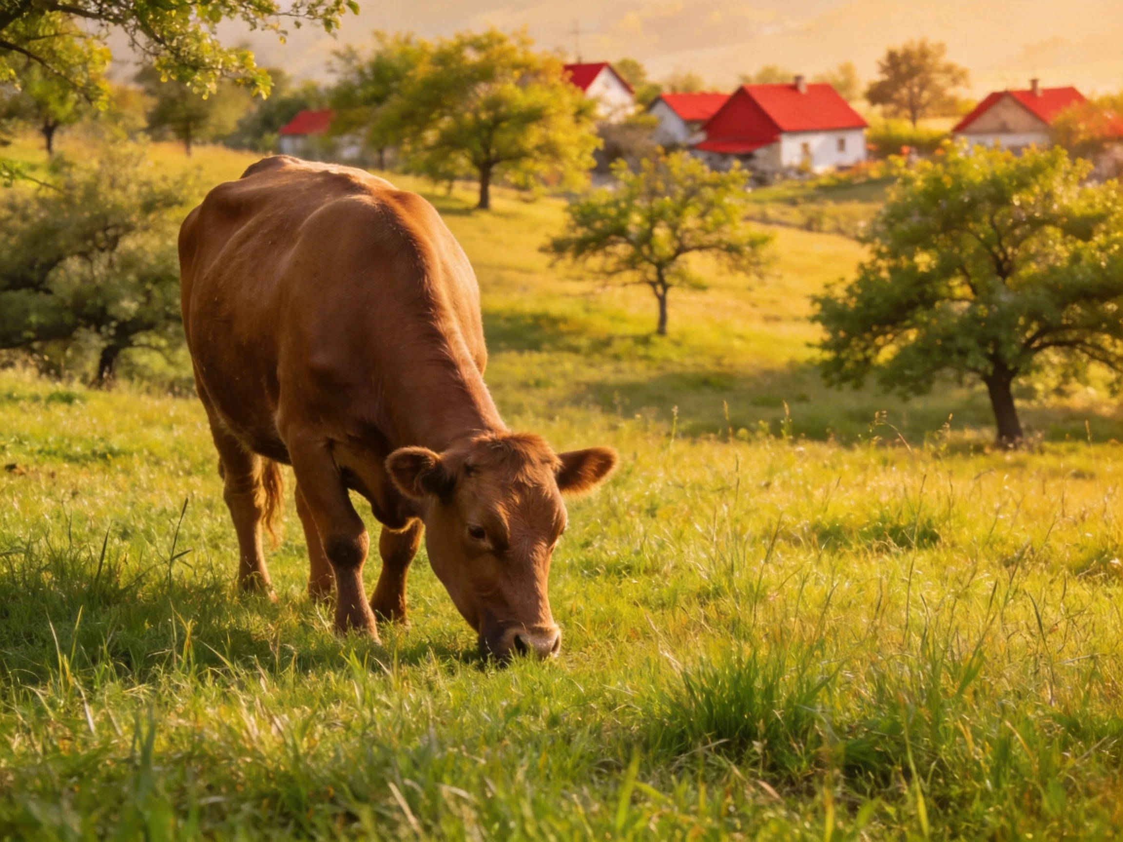 A brown cow grazes in a sunlit green meadow with red-roofed cottages