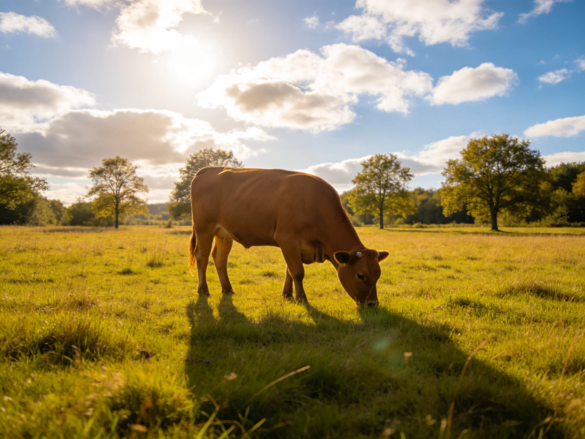A brown cow grazes in a sunlit meadow with scattered trees nearby.