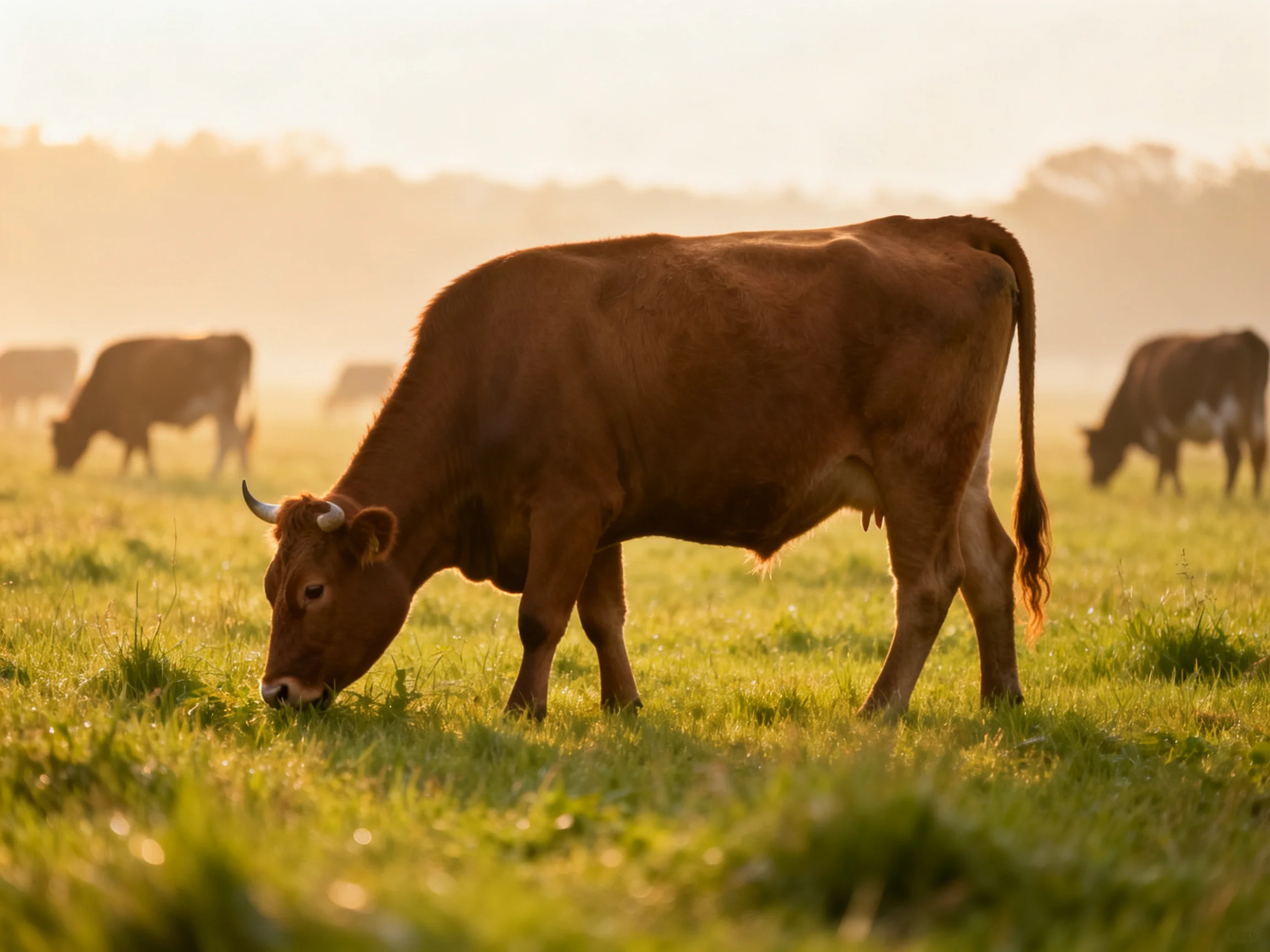A brown cow grazes in a sunlit green pasture with other cows nearby.