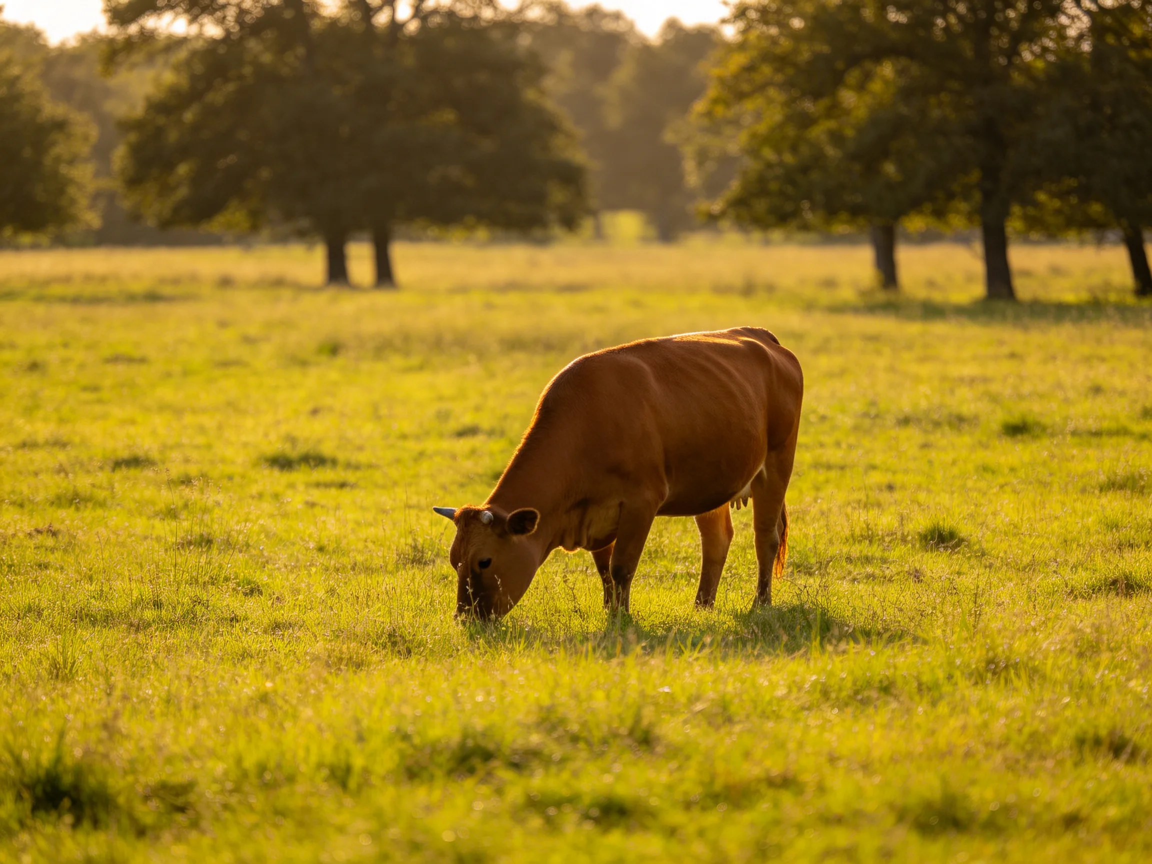 A brown cow grazes in a sunlit green pasture with scattered trees