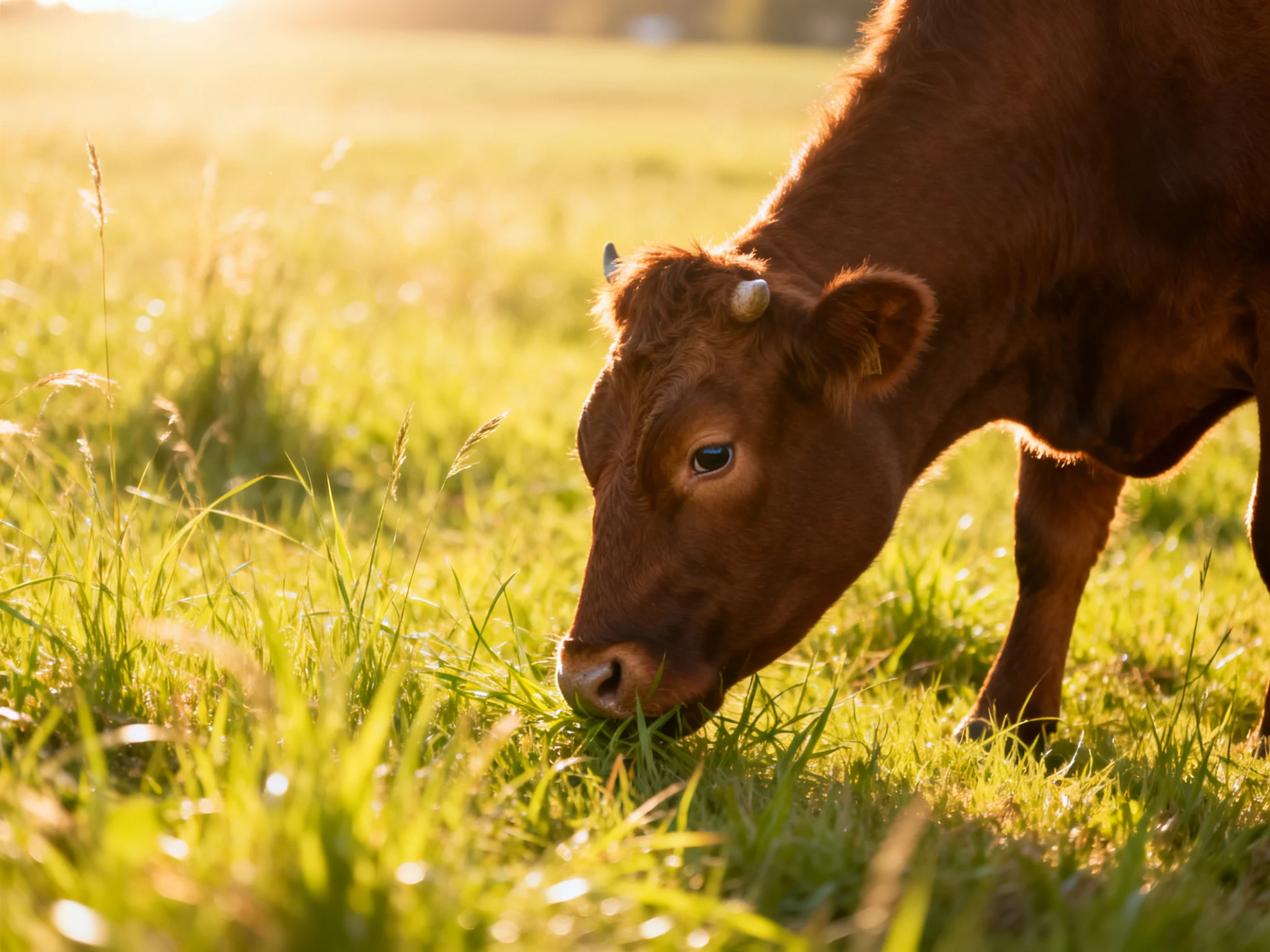 A brown cow feeds on grass in a sunlit green meadow.