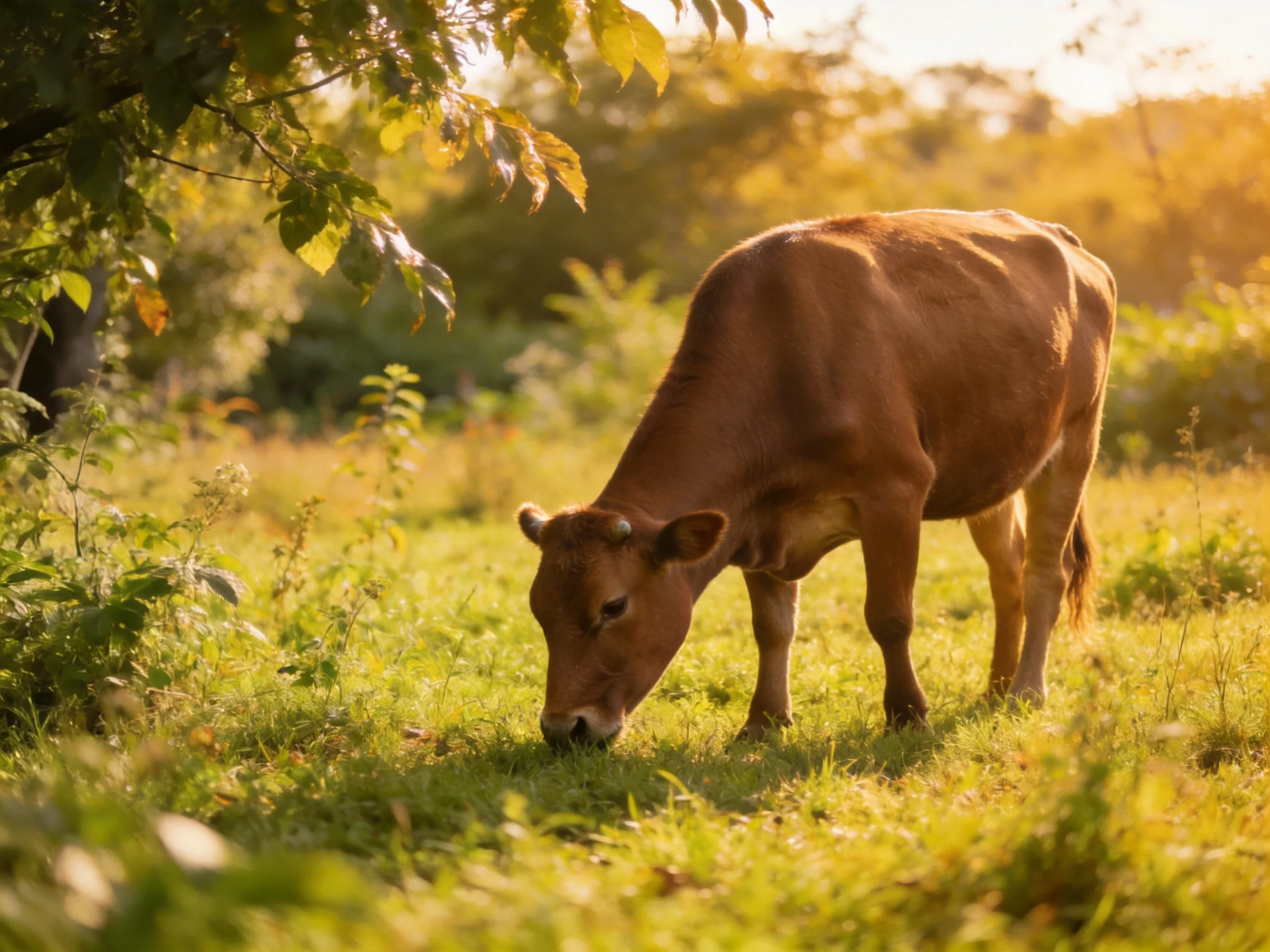 A brown cow grazes in a sunlit, lush green meadow