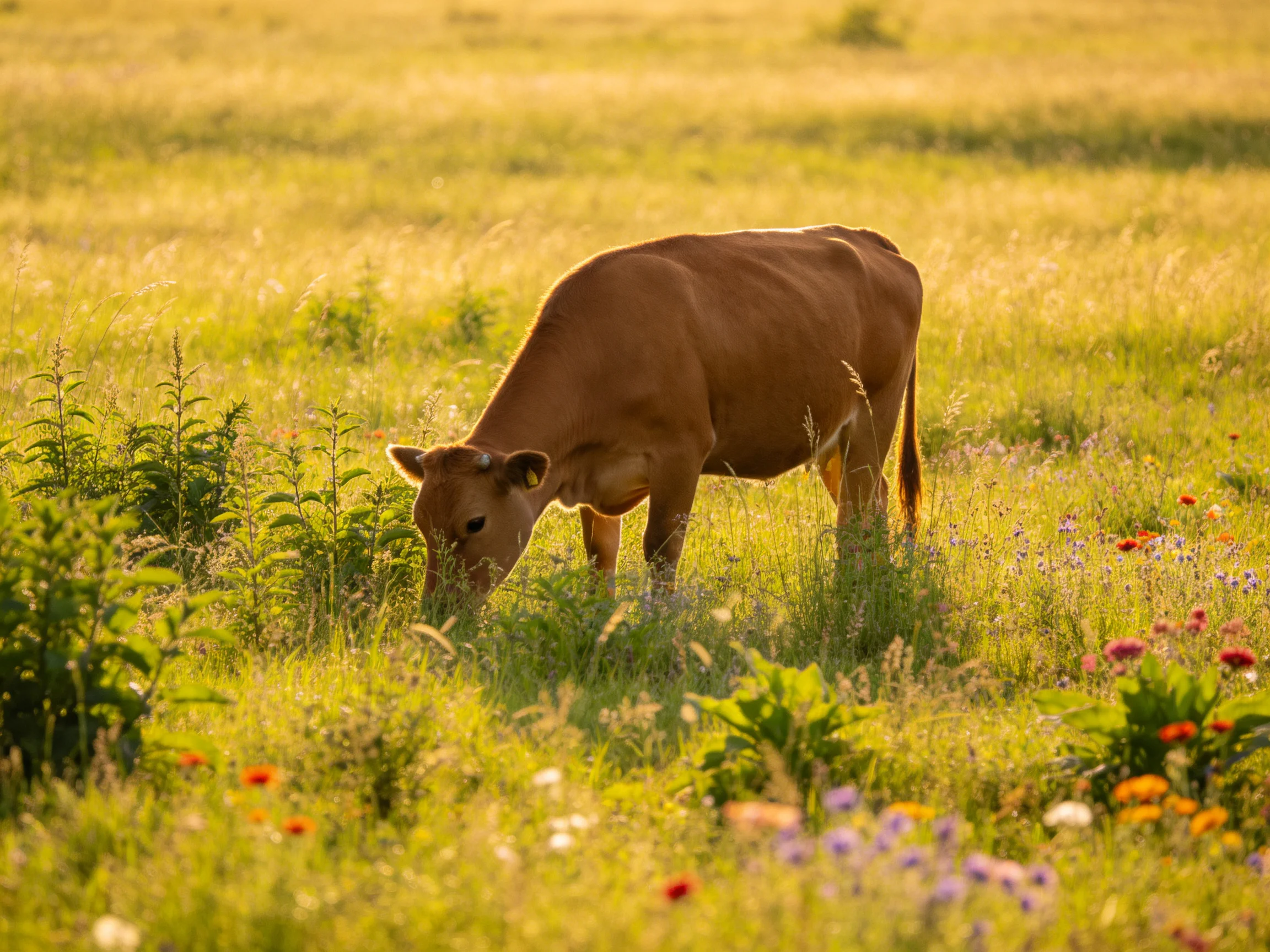 A brown cow grazes in a sunlit meadow filled with wildflowers