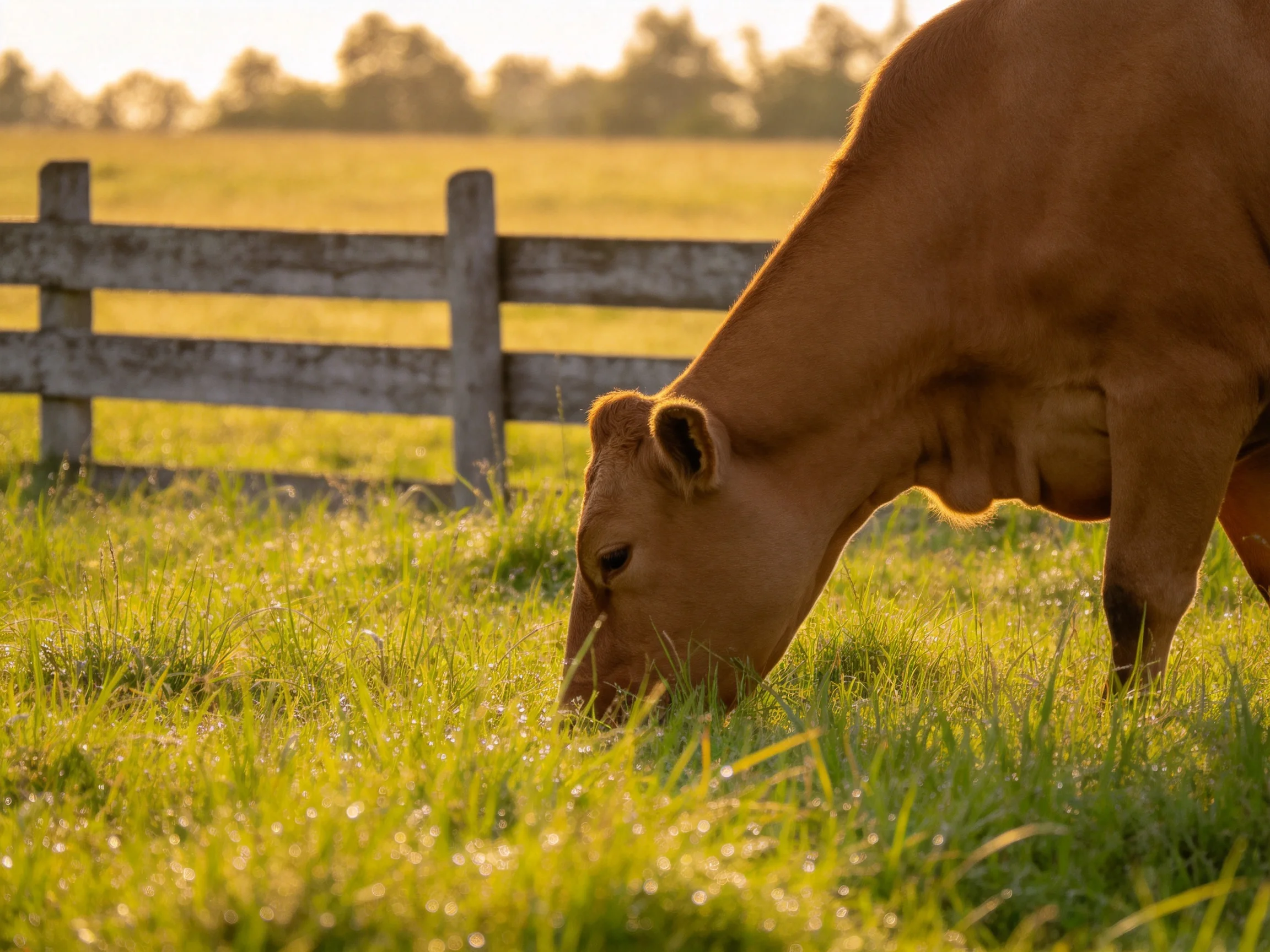 A brown cow grazes in a sunlit meadow near a weathered wooden fence