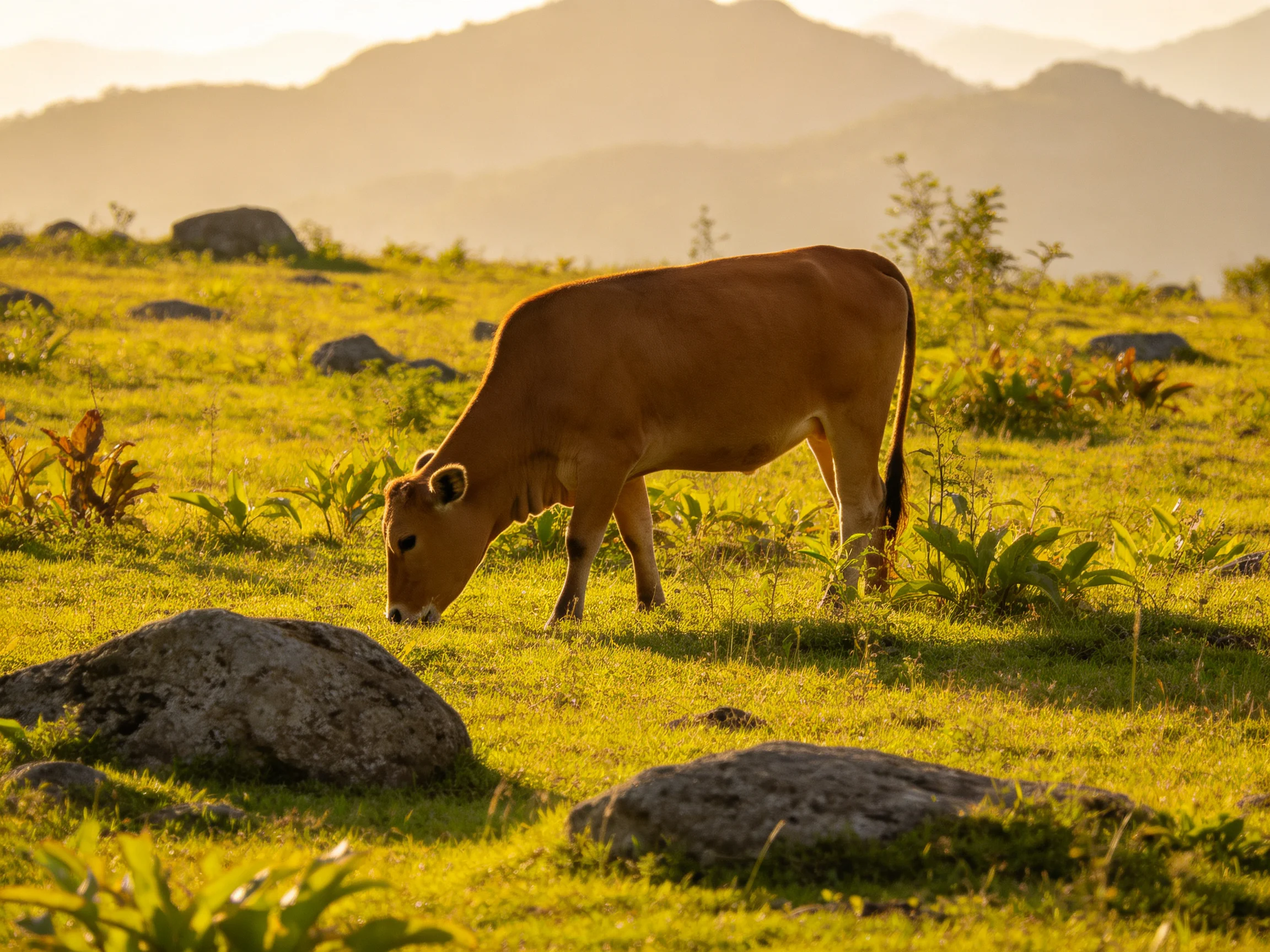 A brown cow grazes in a sunlit rocky meadow with distant mountains