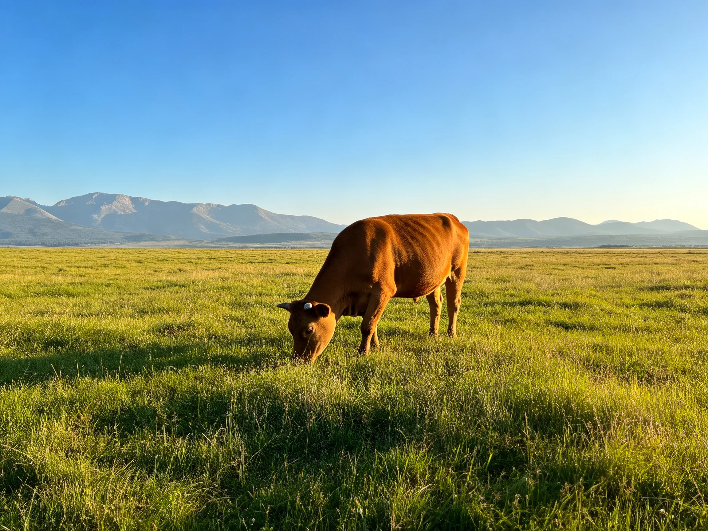 A brown cow grazes in a vast green meadow near distant mountains