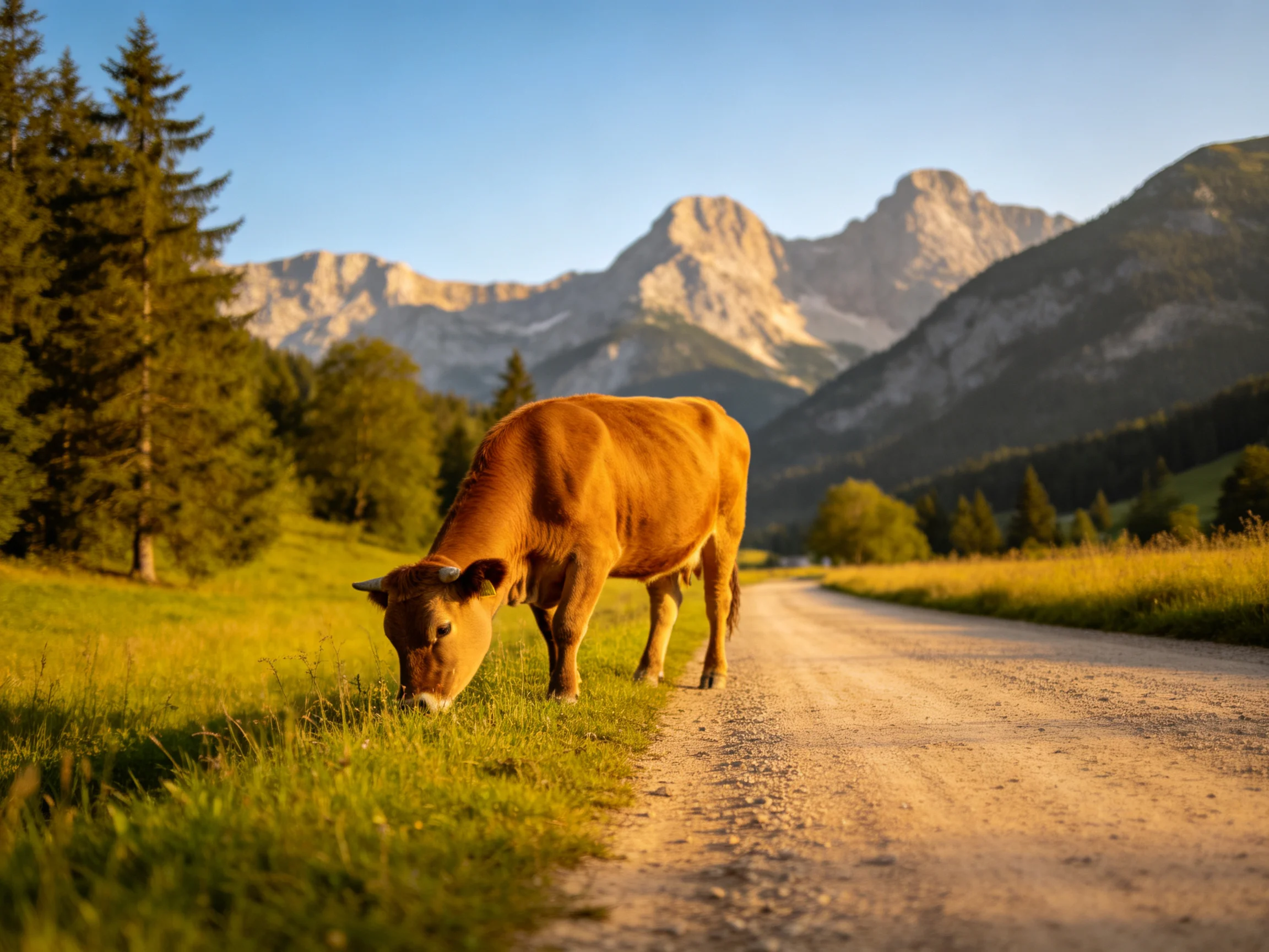 A brown cow grazes near a dirt road with mountainous backdrop