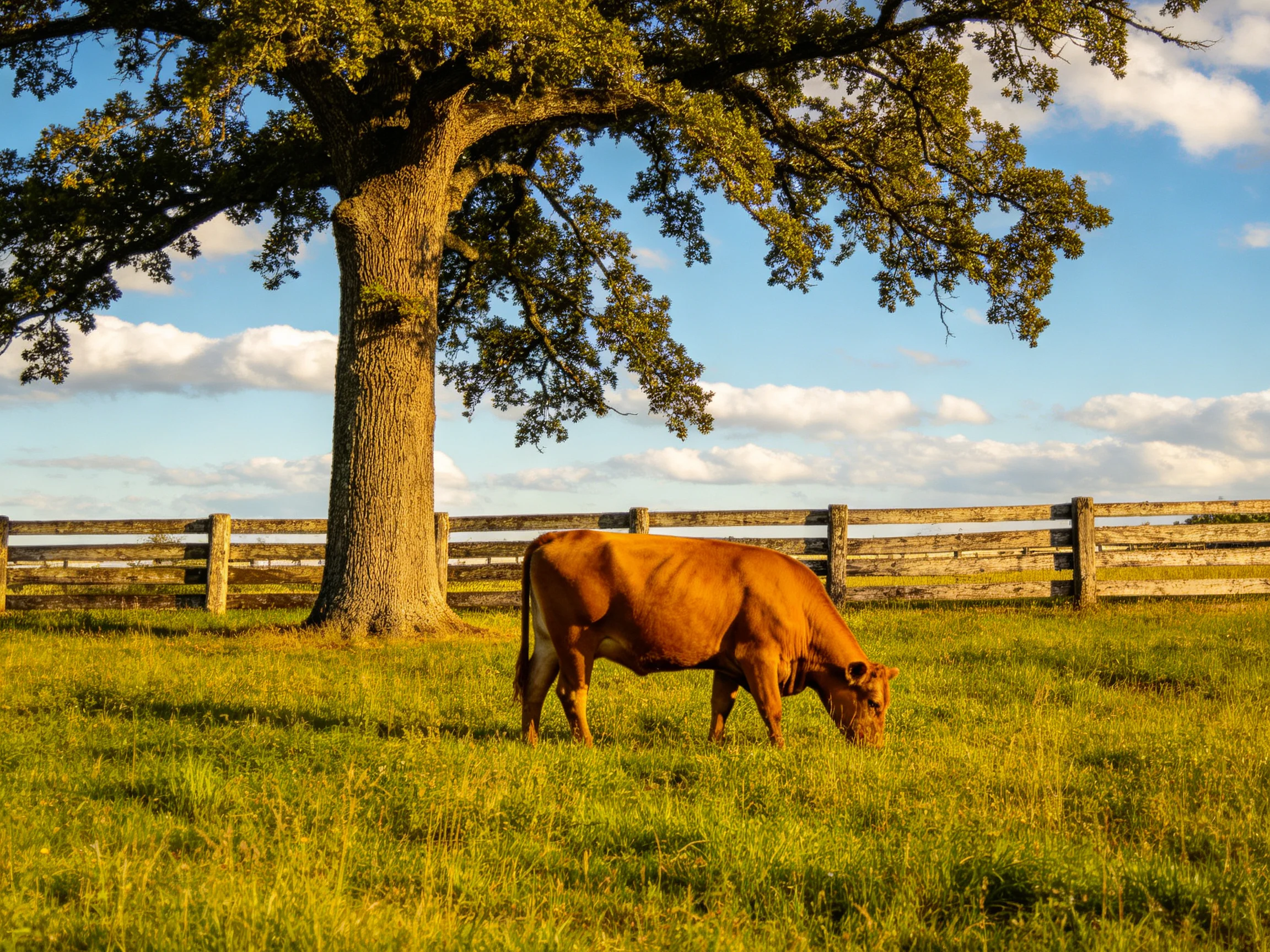 A brown cow grazes near a large oak tree by a wooden fence