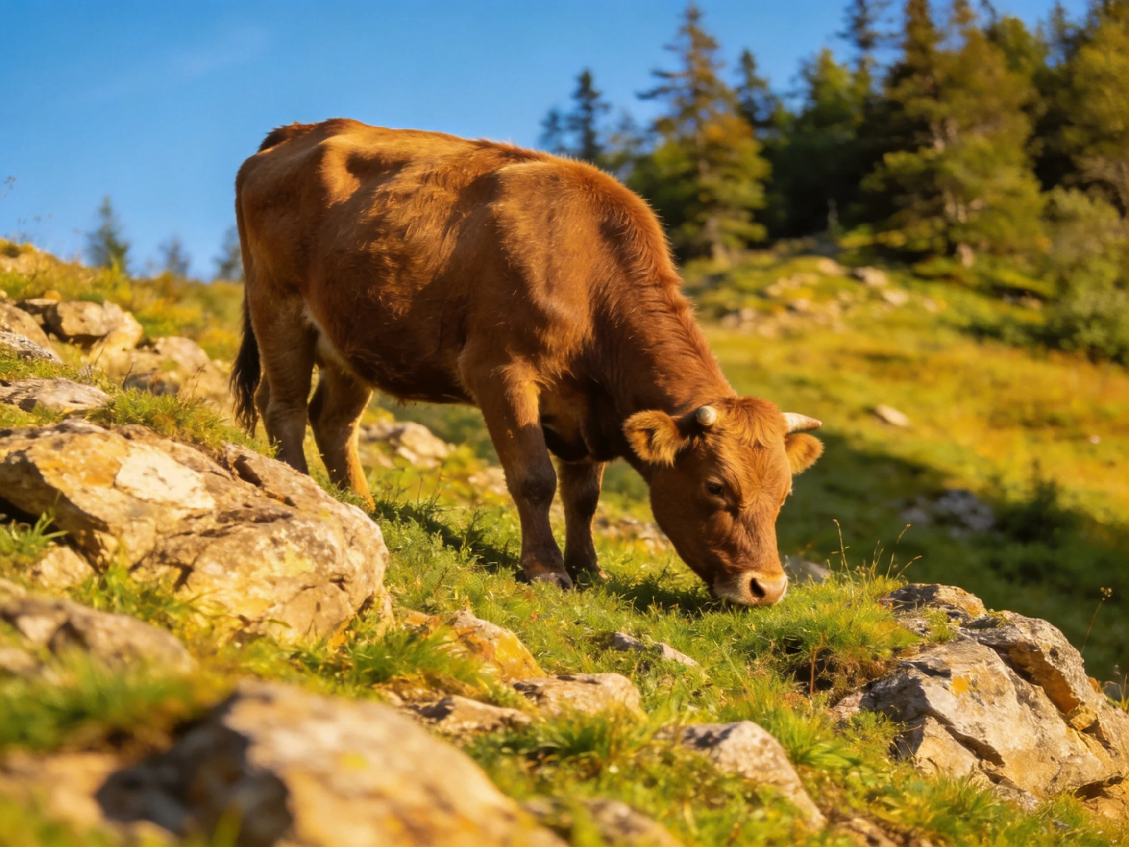 A brown cow grazes on a rocky, grassy hillside with pine trees