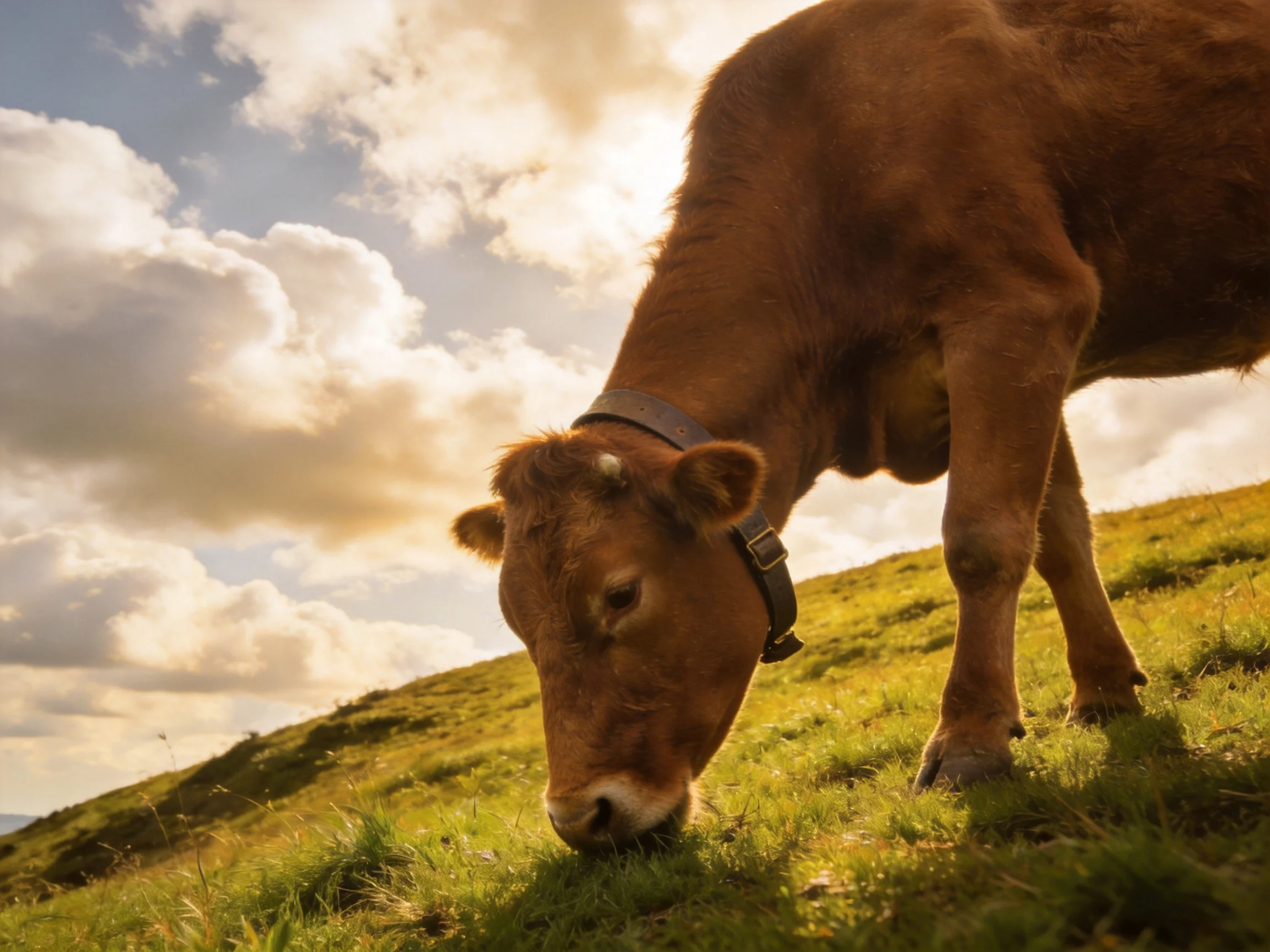 A brown cow grazes on a sunlit green hillside under a cloudy sky