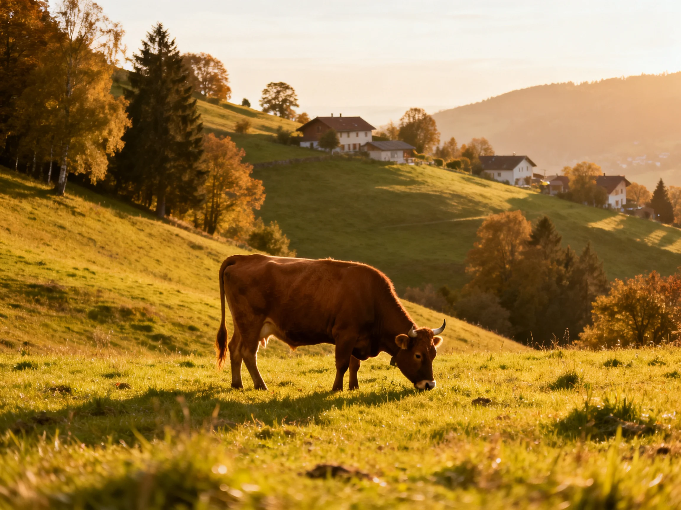 A brown cow grazes on a sunlit green hillside with distant white cottages