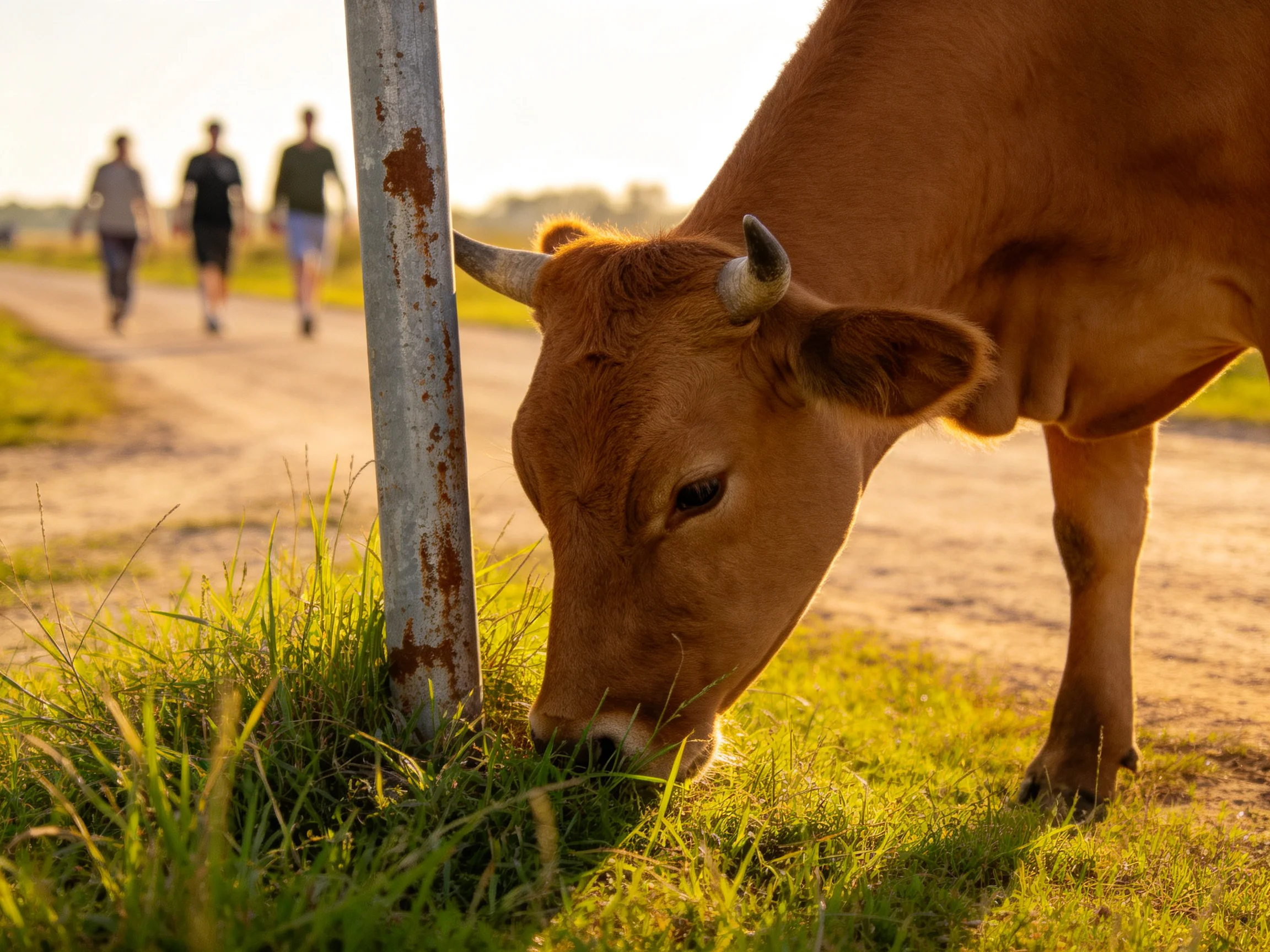A brown cow grazing by a rusty metal post on a sunny rural path