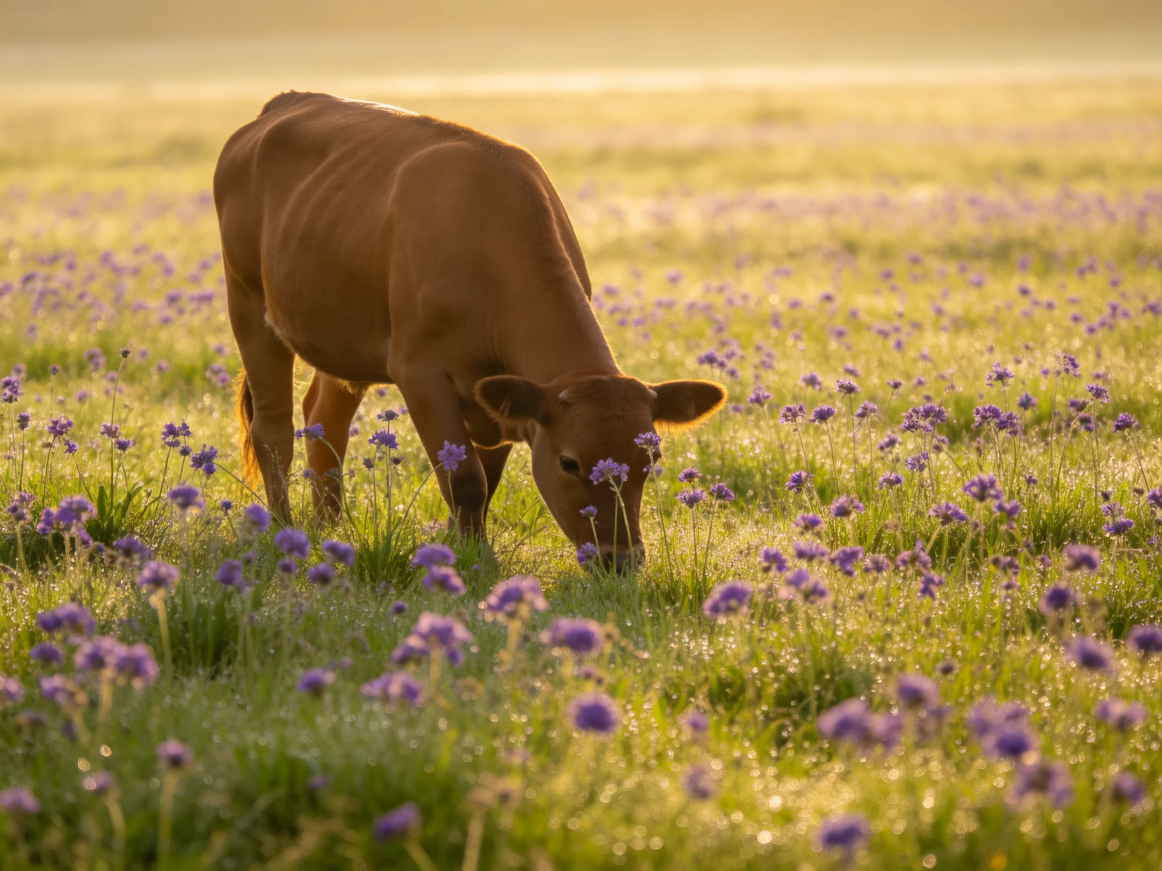 A brown cow grazing in a field of purple wildflowers under golden light