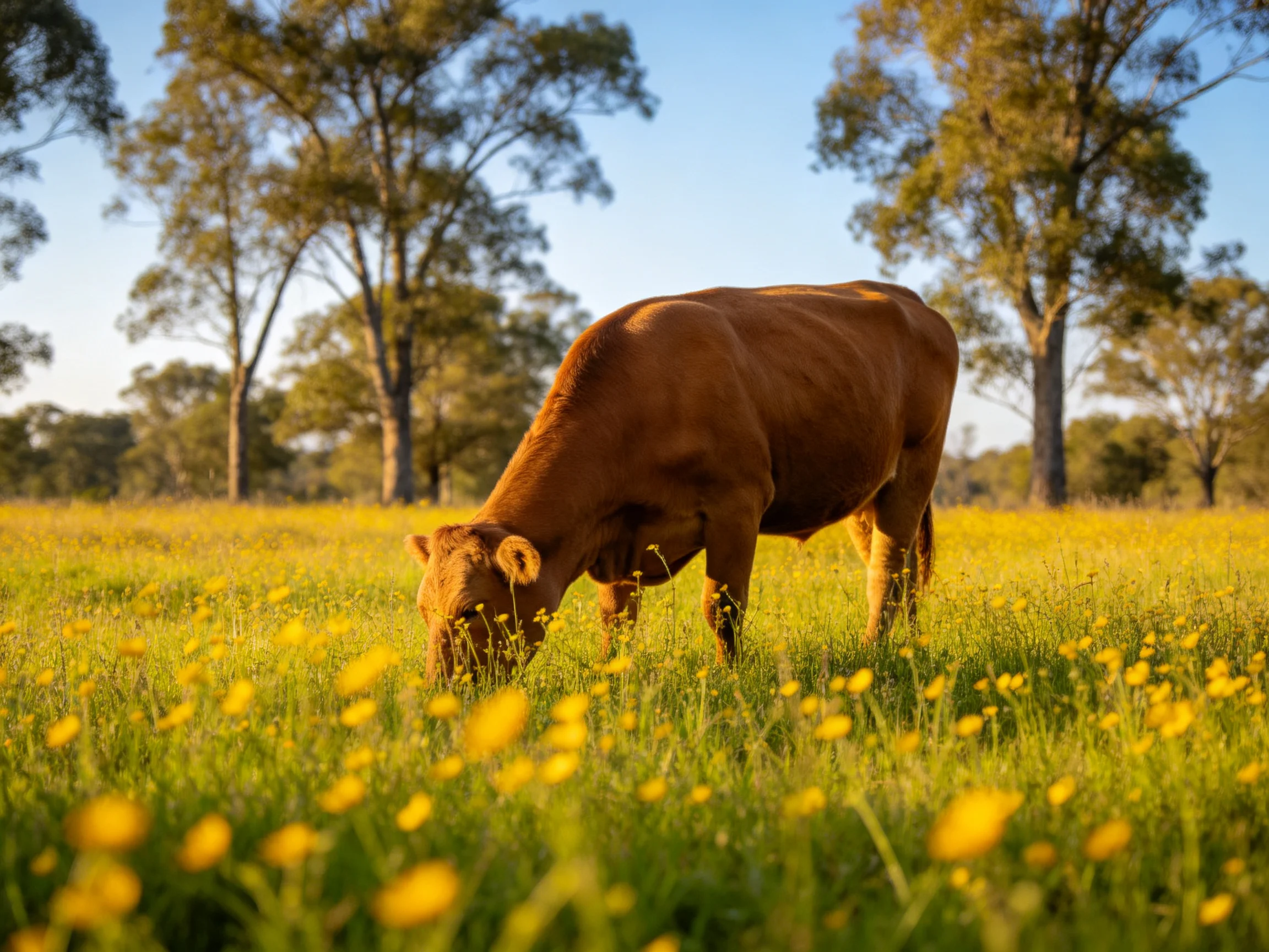 A brown cow grazes among yellow wildflowers in a sunlit meadow with tall trees.