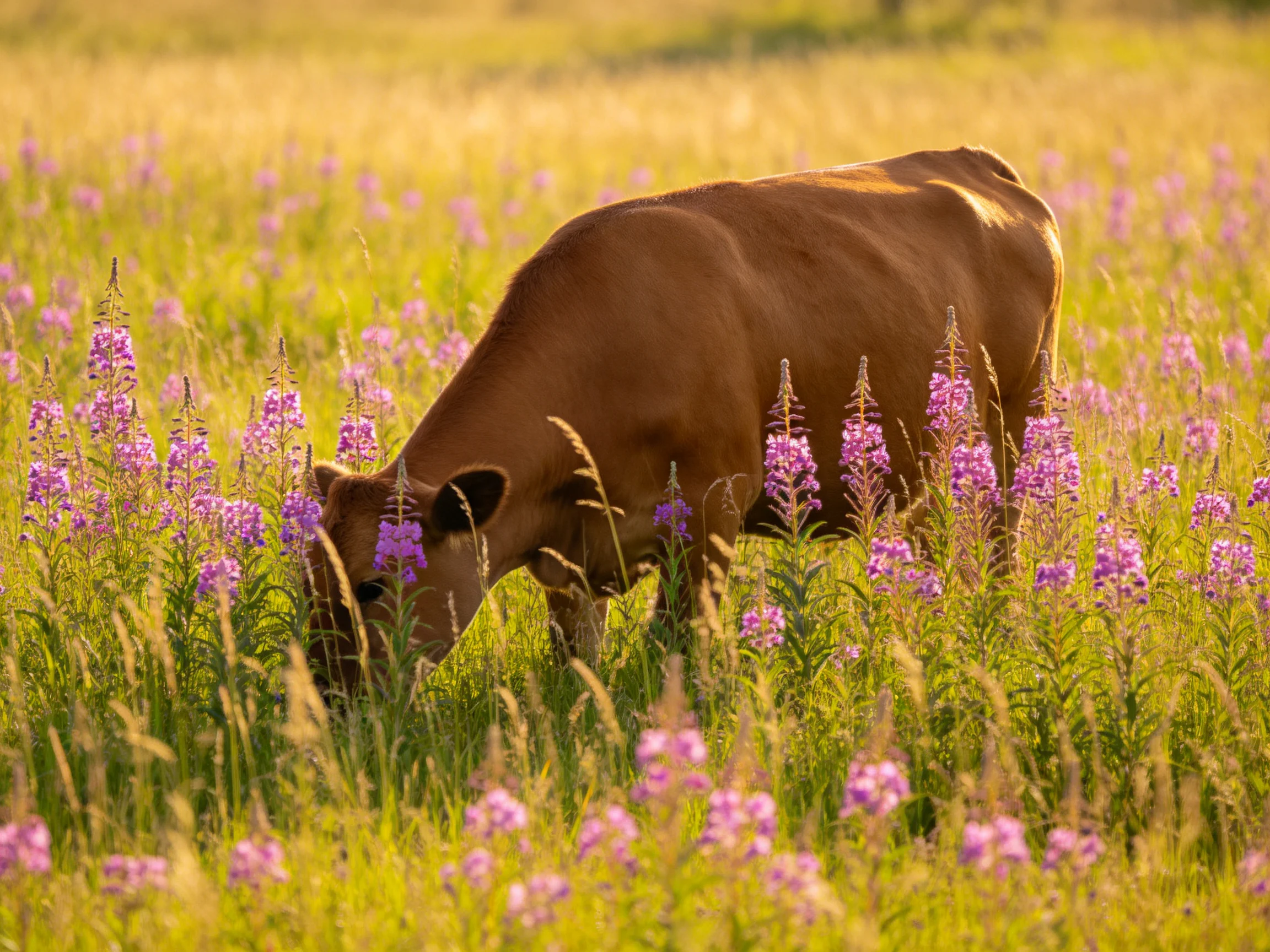 A brown cow grazing in a flower-filled meadow
