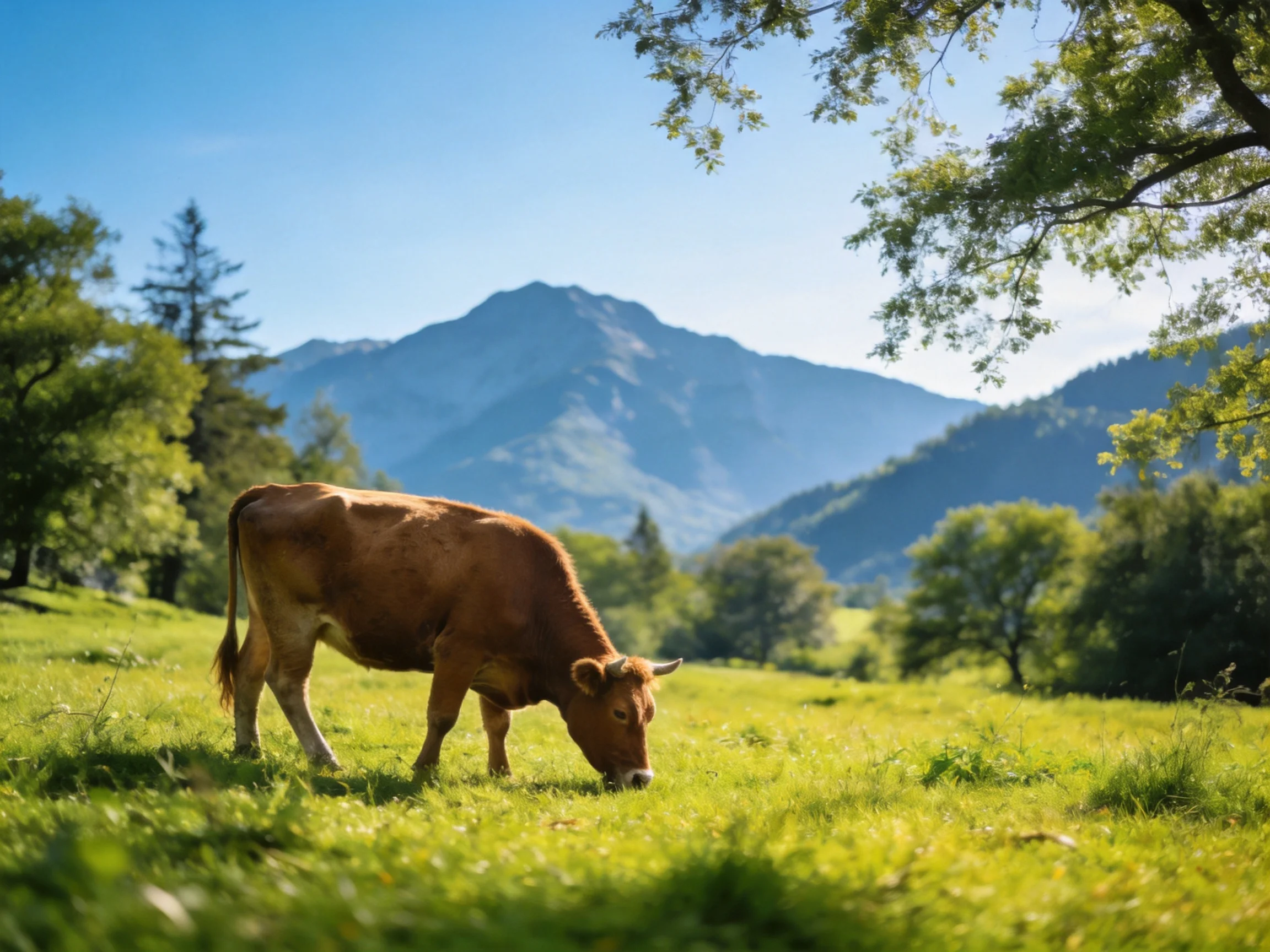 A brown cow grazing in a lush green meadow near misty blue mountains