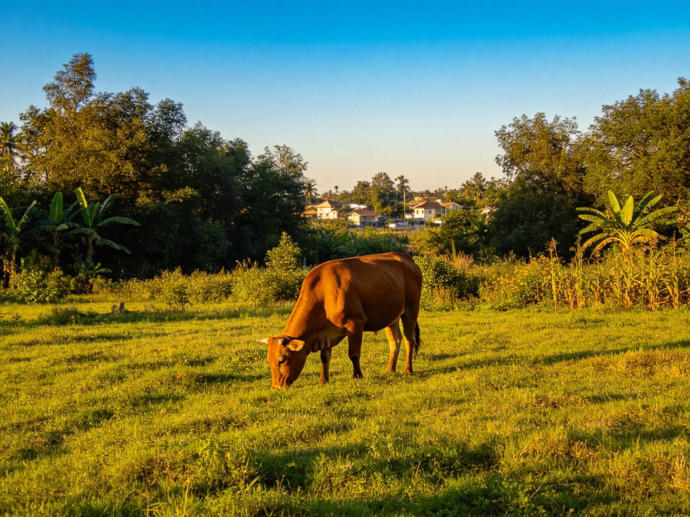 A brown cow grazes in a lush green meadow near homes.