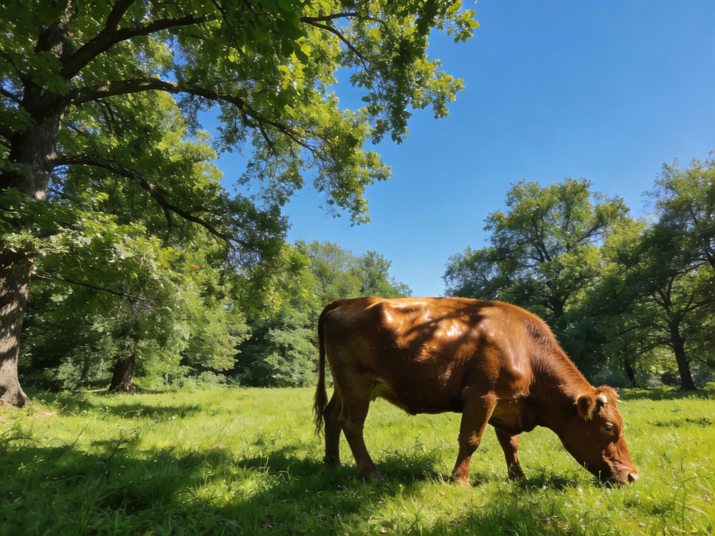A brown cow grazing in a lush green meadow with tall trees
