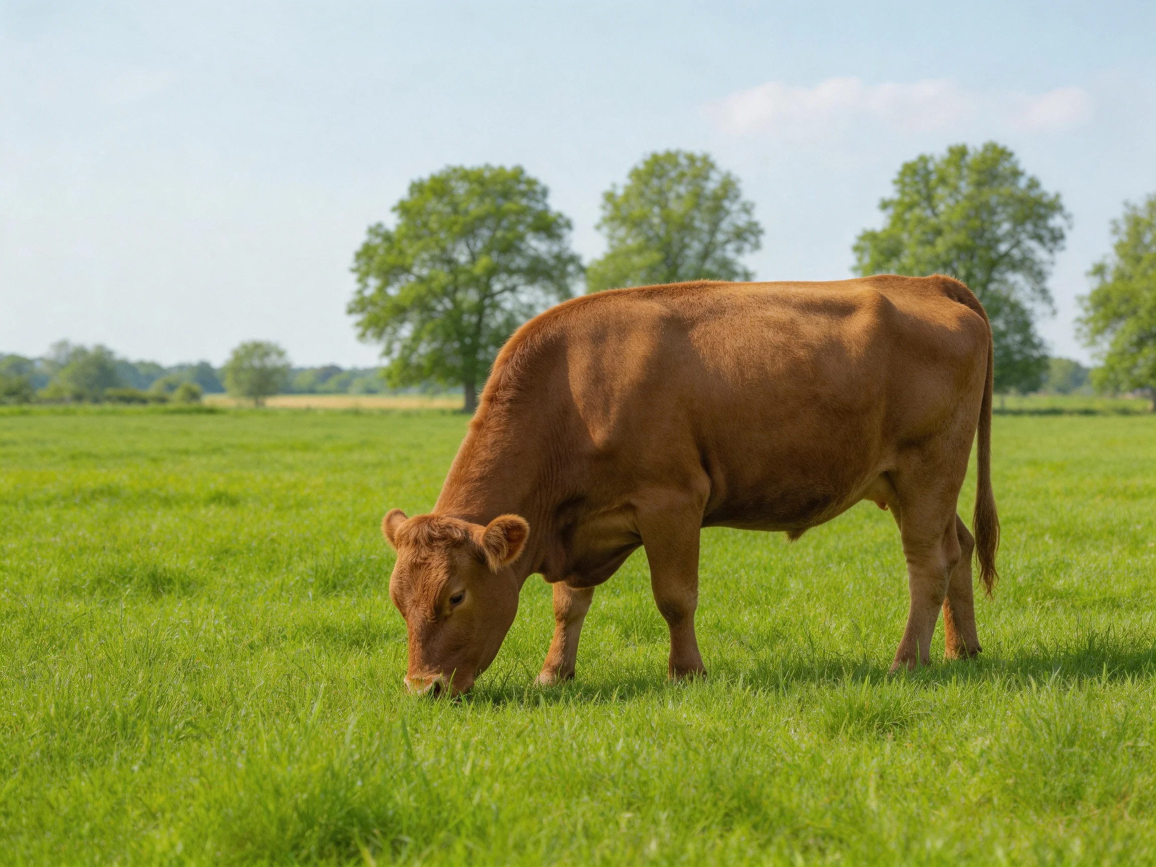 A brown cow grazes in a lush green pasture near several large trees.