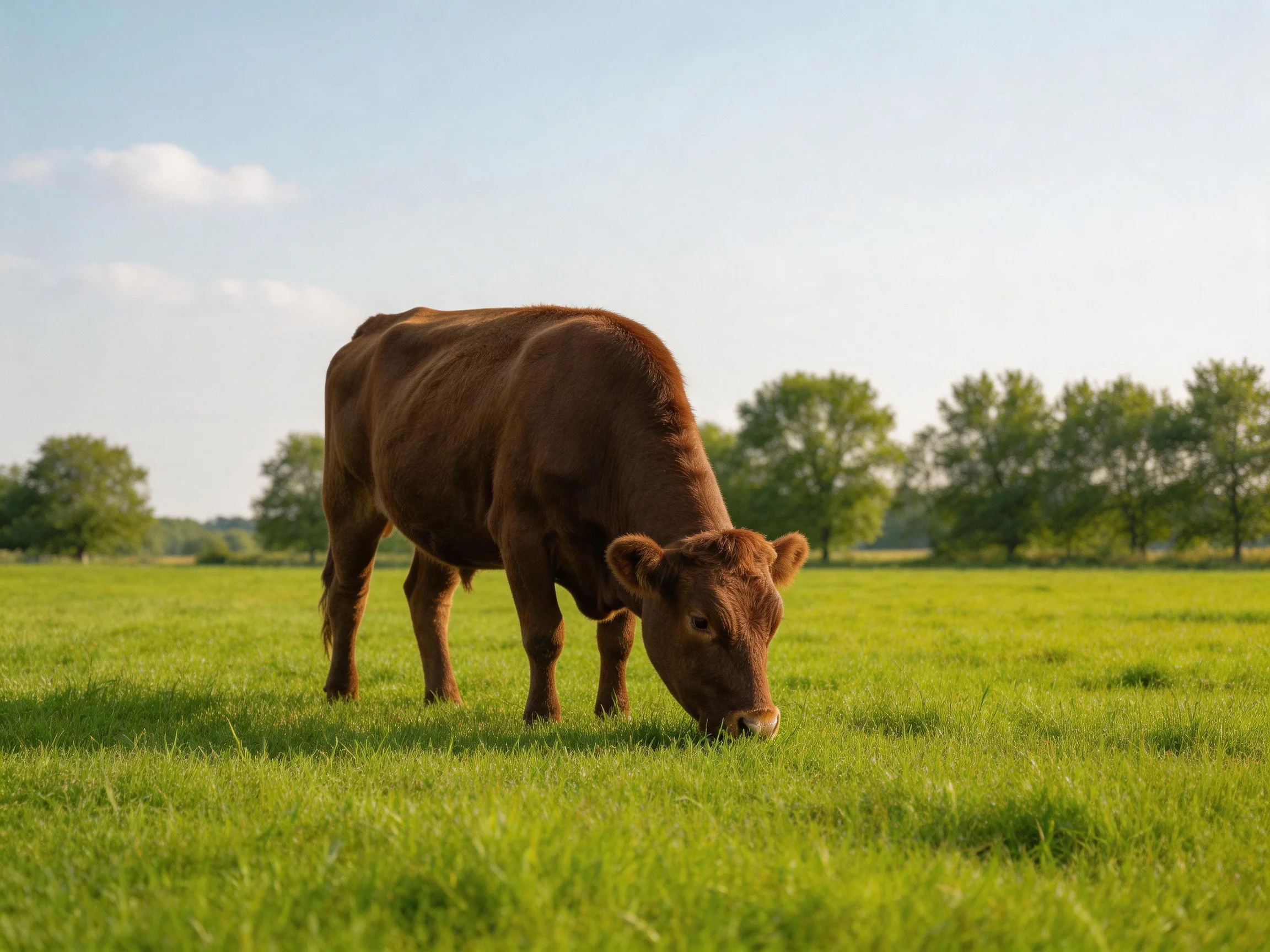 A brown cow grazing in a lush green pasture with distant trees