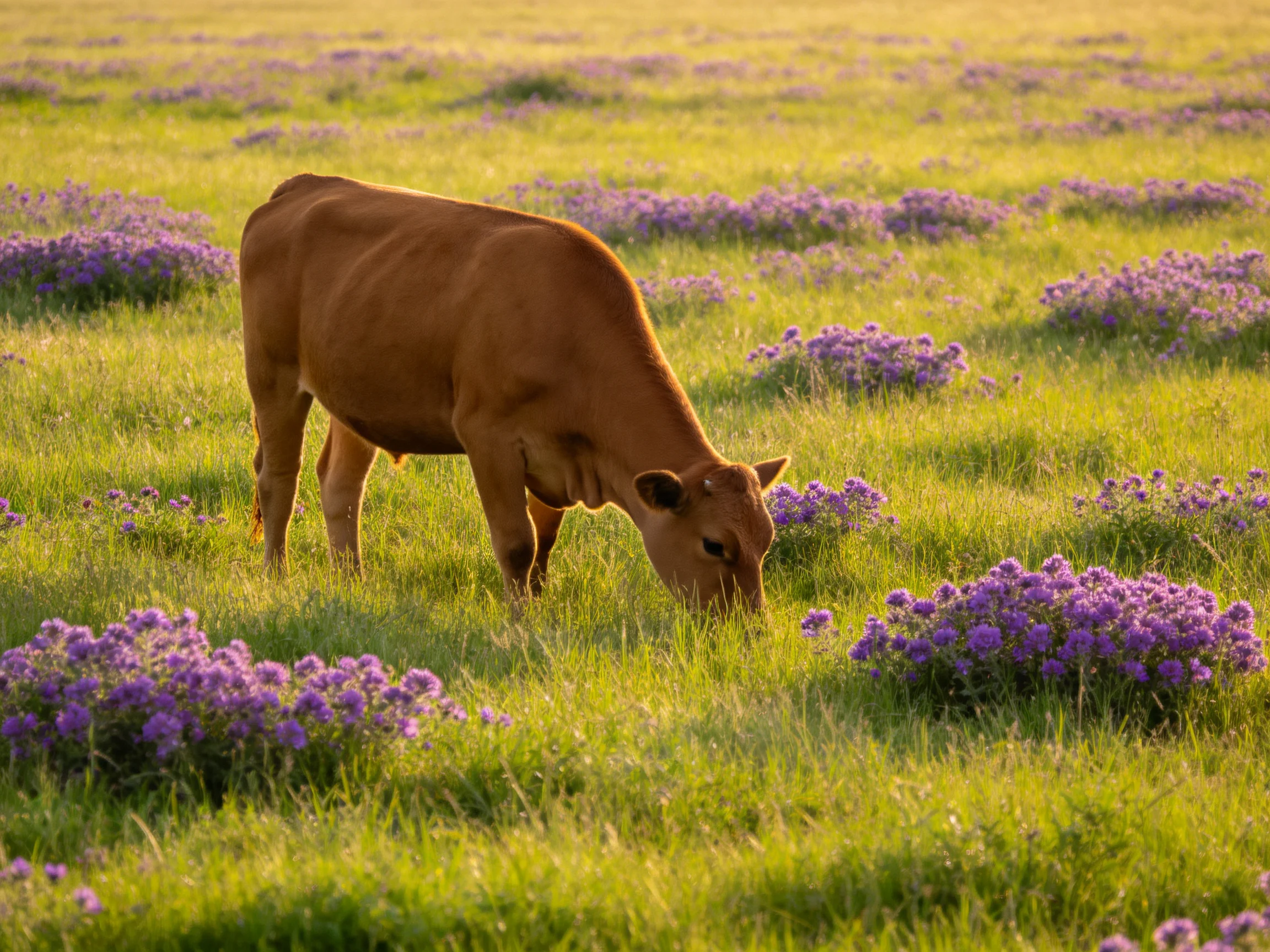 A brown cow grazing in a lush meadow with scattered purple blooms