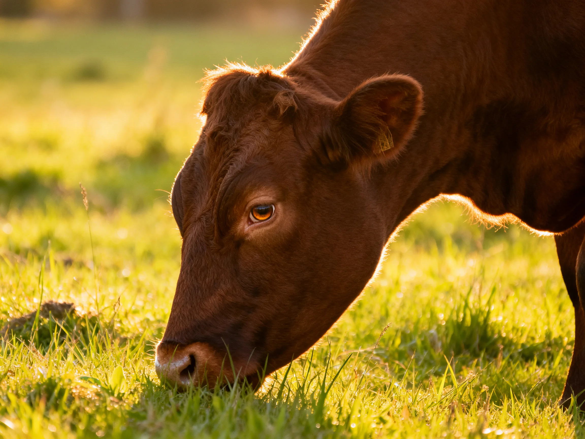 A brown cow grazing in a sunlit green pasture