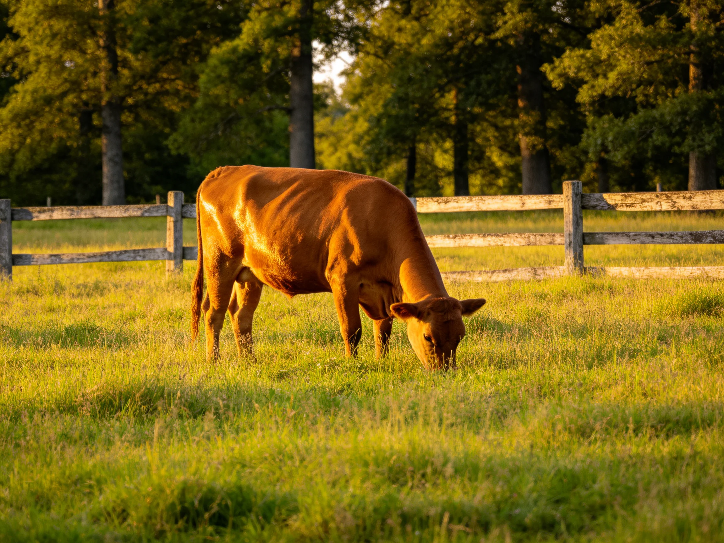 A brown cow grazing in a sunlit green pasture near a wooden fence