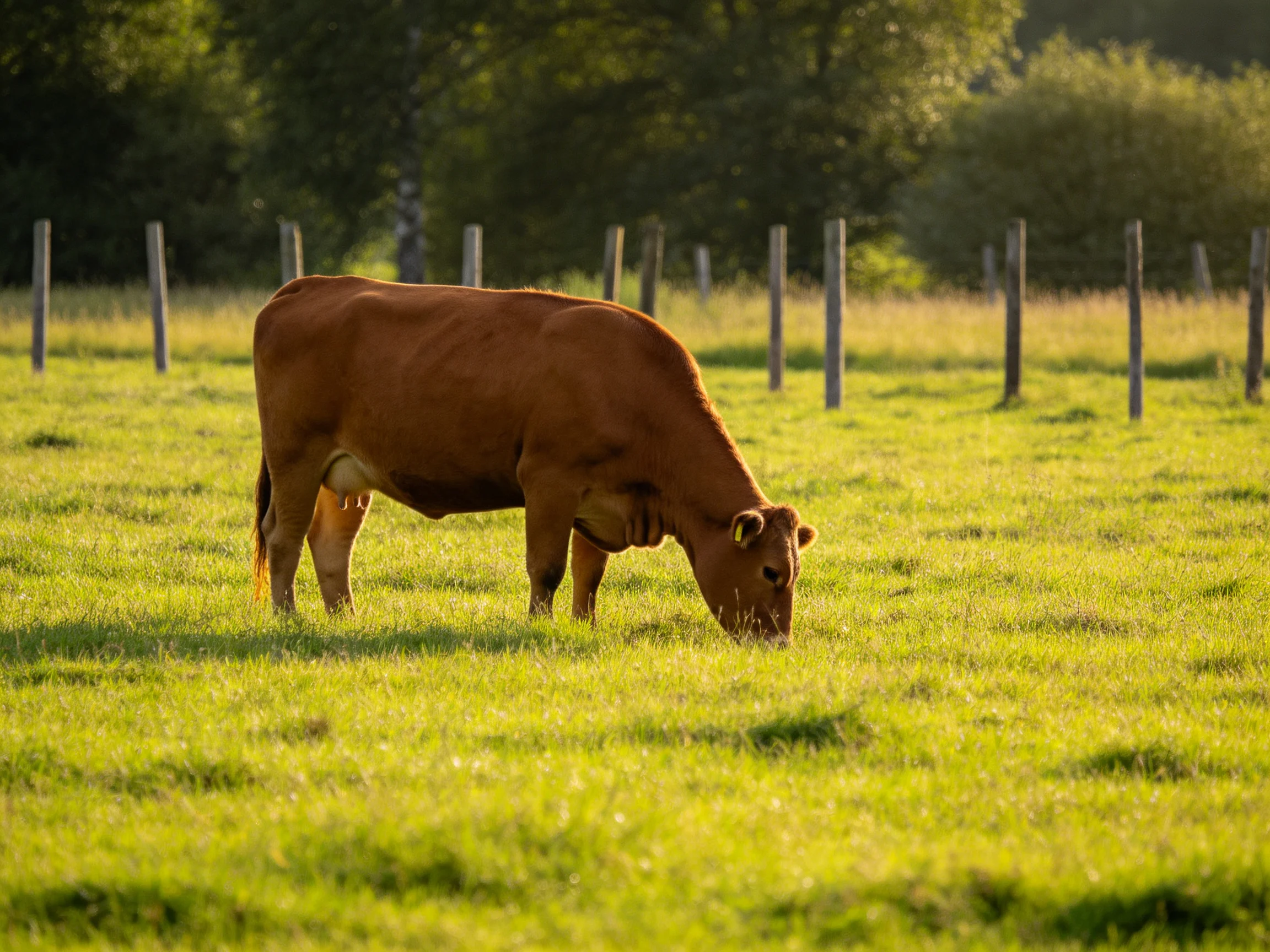A brown cow grazing in a sunlit green pasture near wooden fence posts