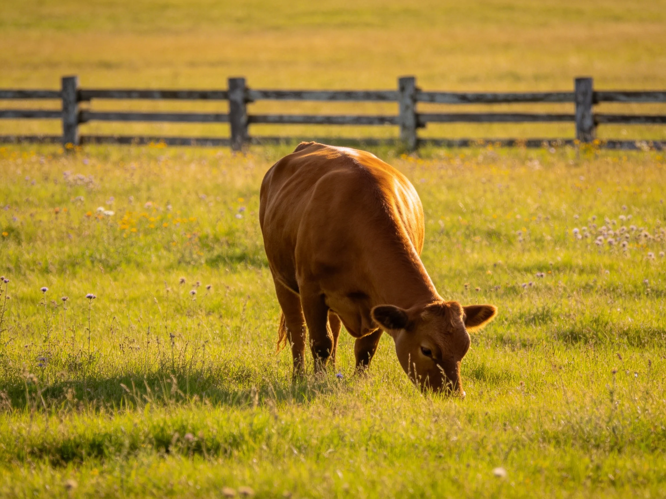 A brown cow grazing in a sunlit green pasture with a wooden fence