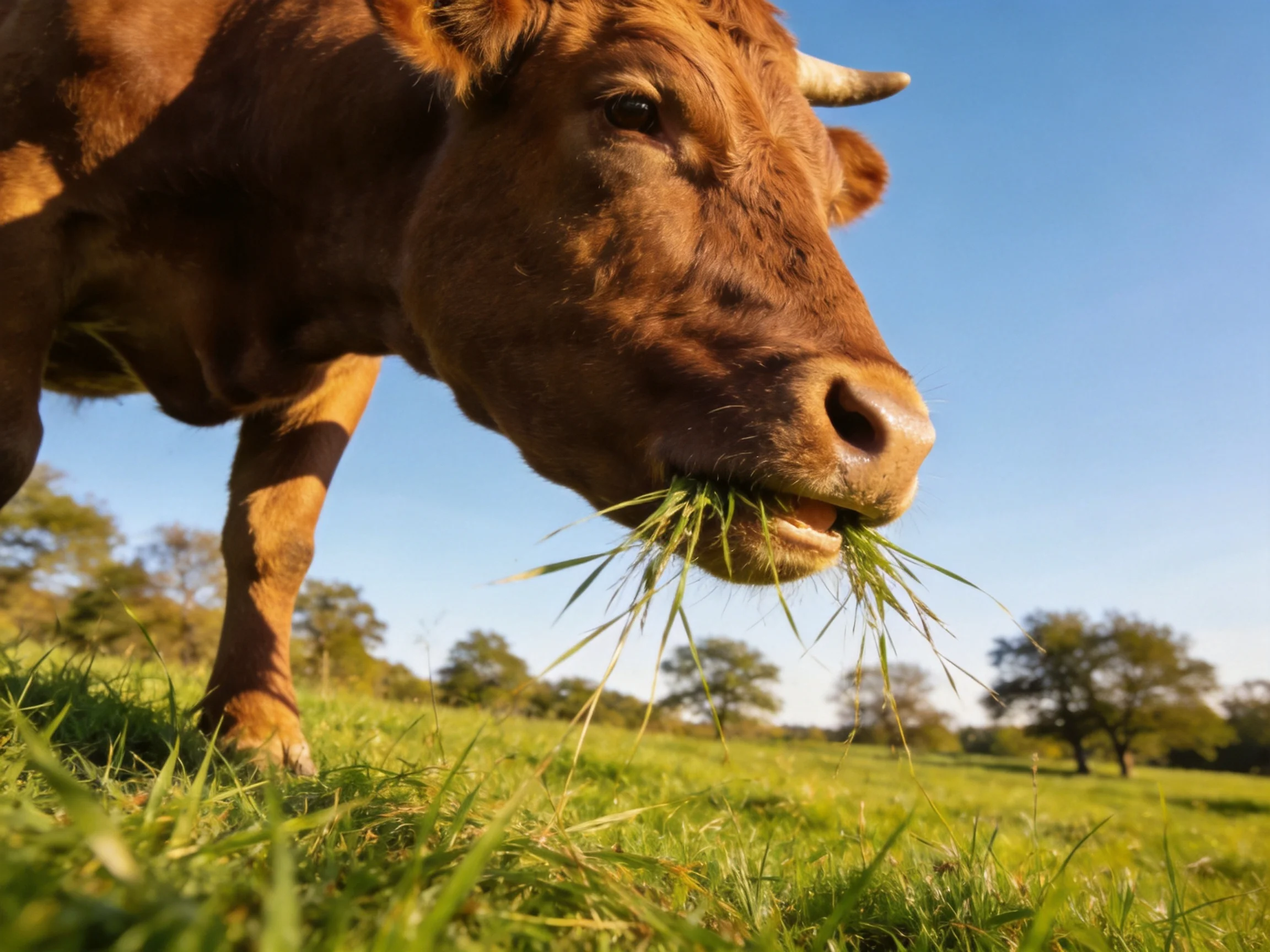 A brown cow grazes on grass in a sunny pasture with trees in the distance.