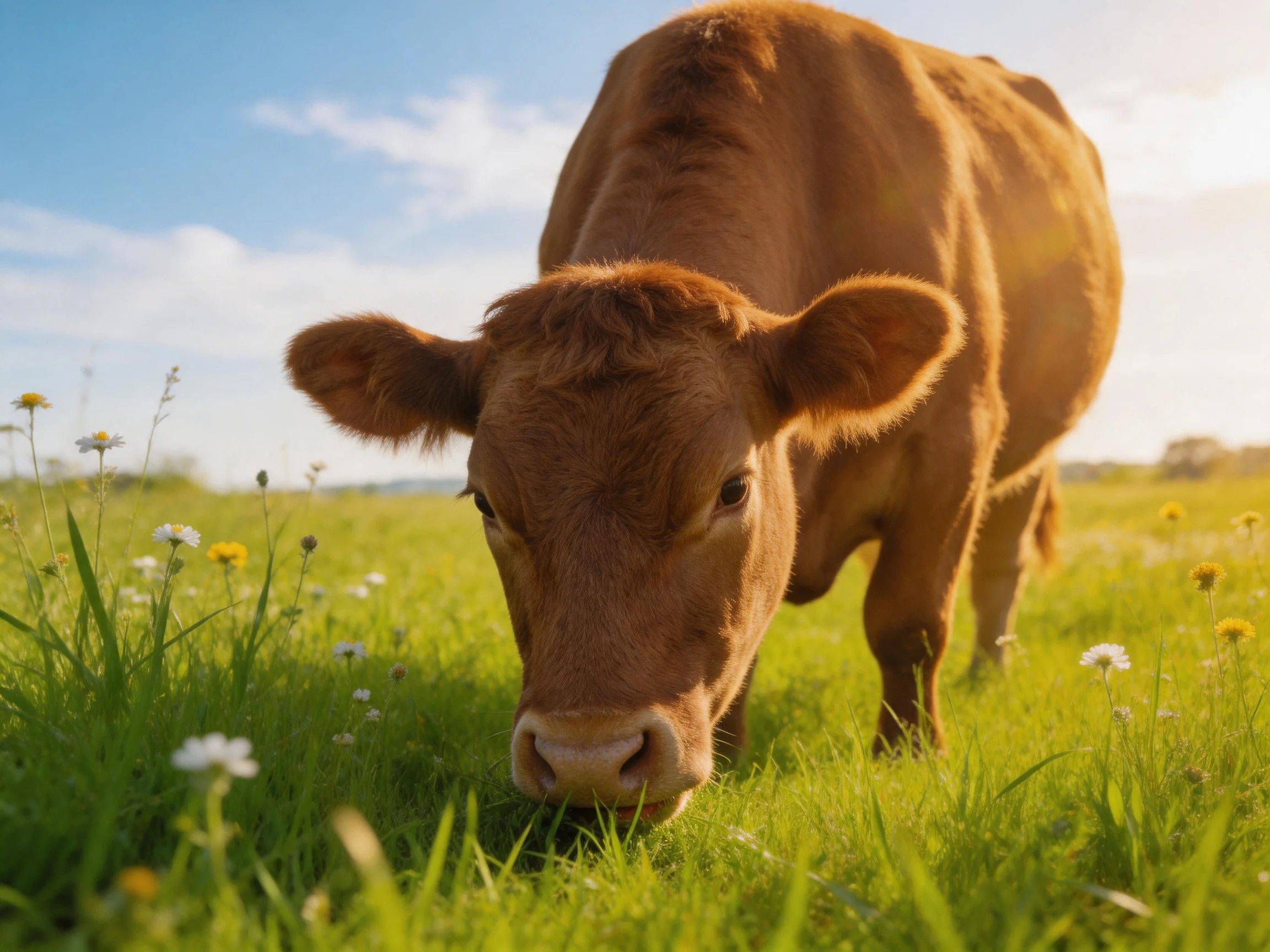 A brown cow grazing in a sunlit meadow with colorful wildflowers