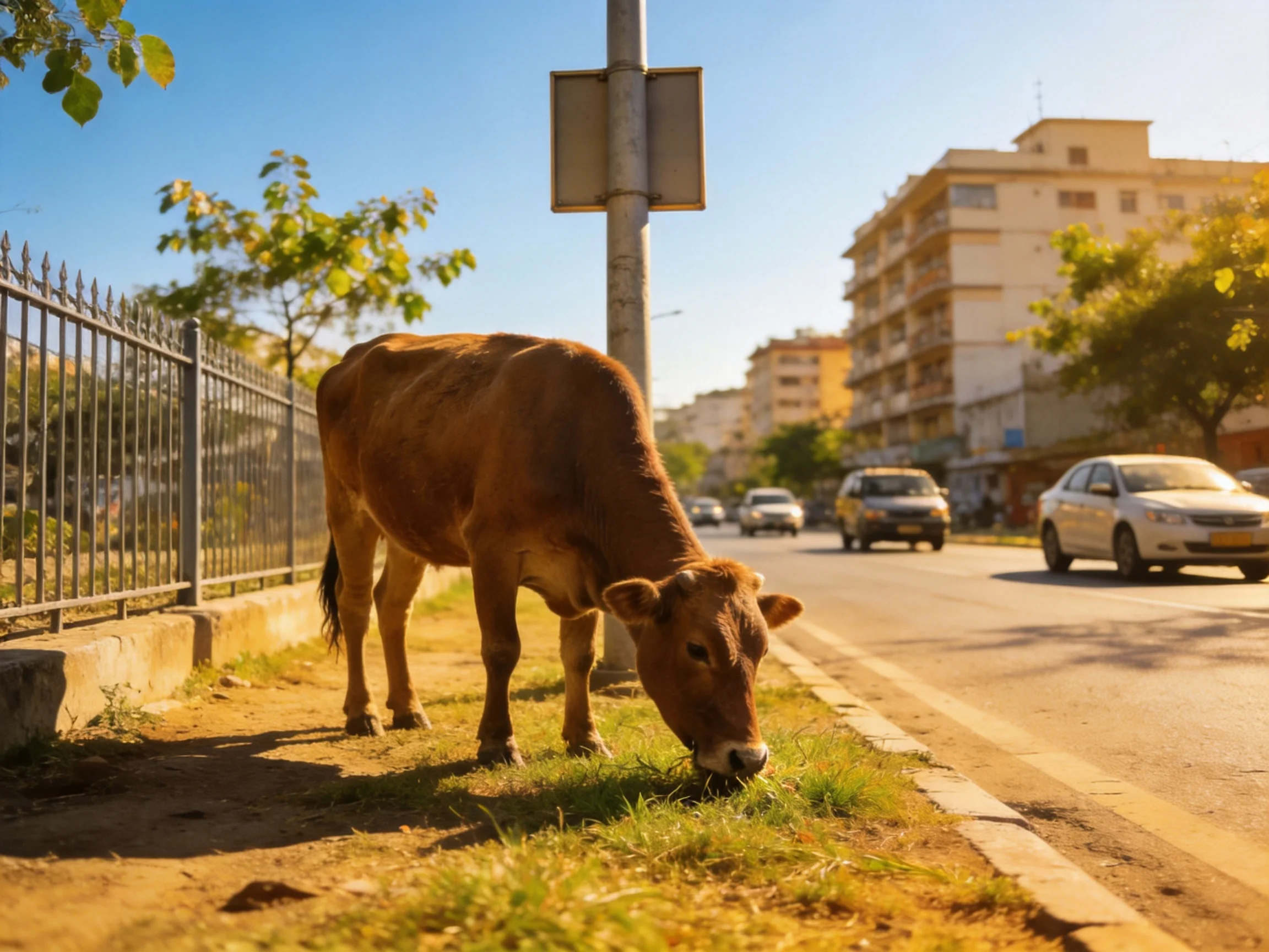 A brown cow grazing near a busy city street with cars and buildings