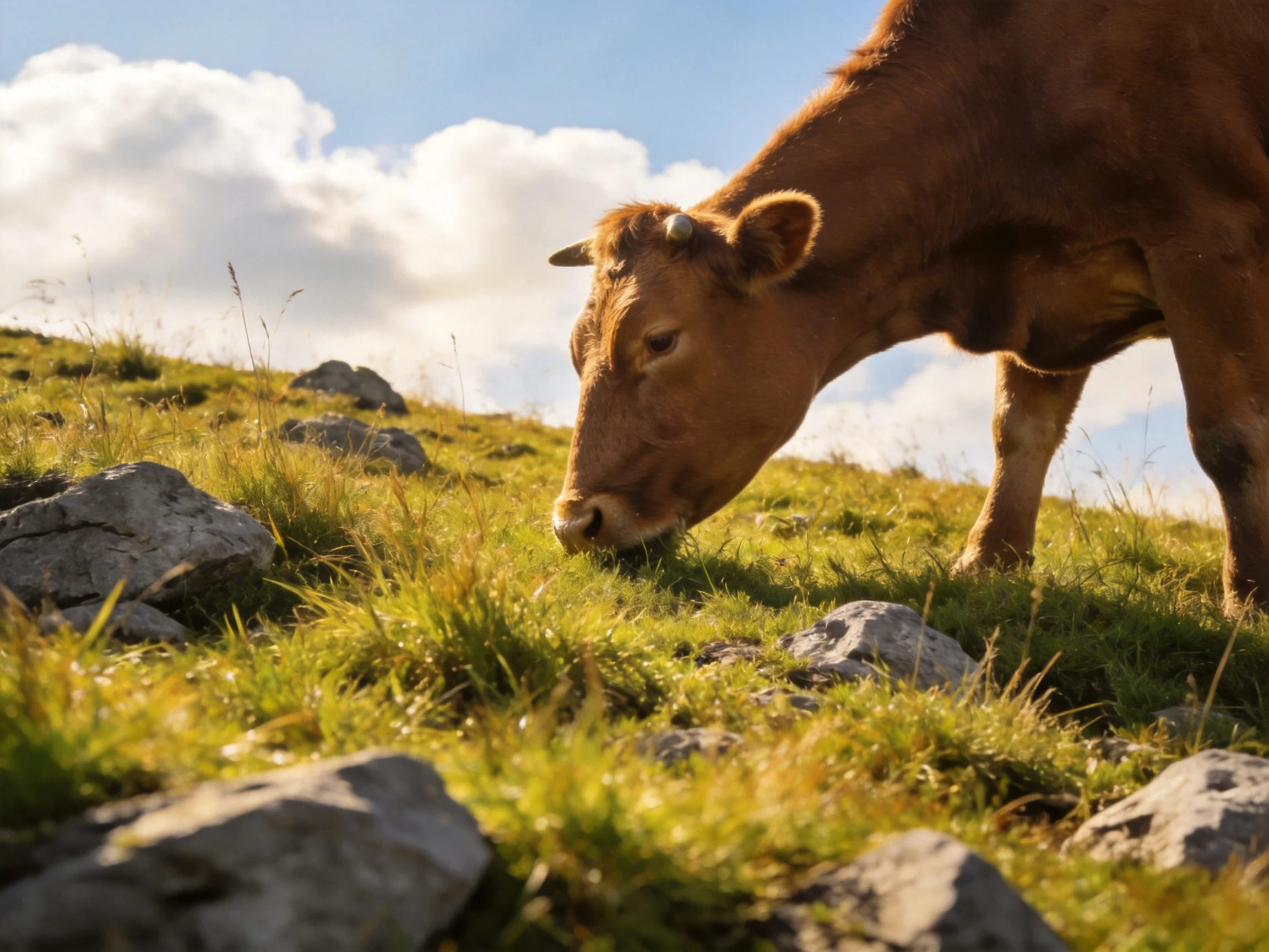 A brown cow grazing on a rocky green hillside under sunny skies